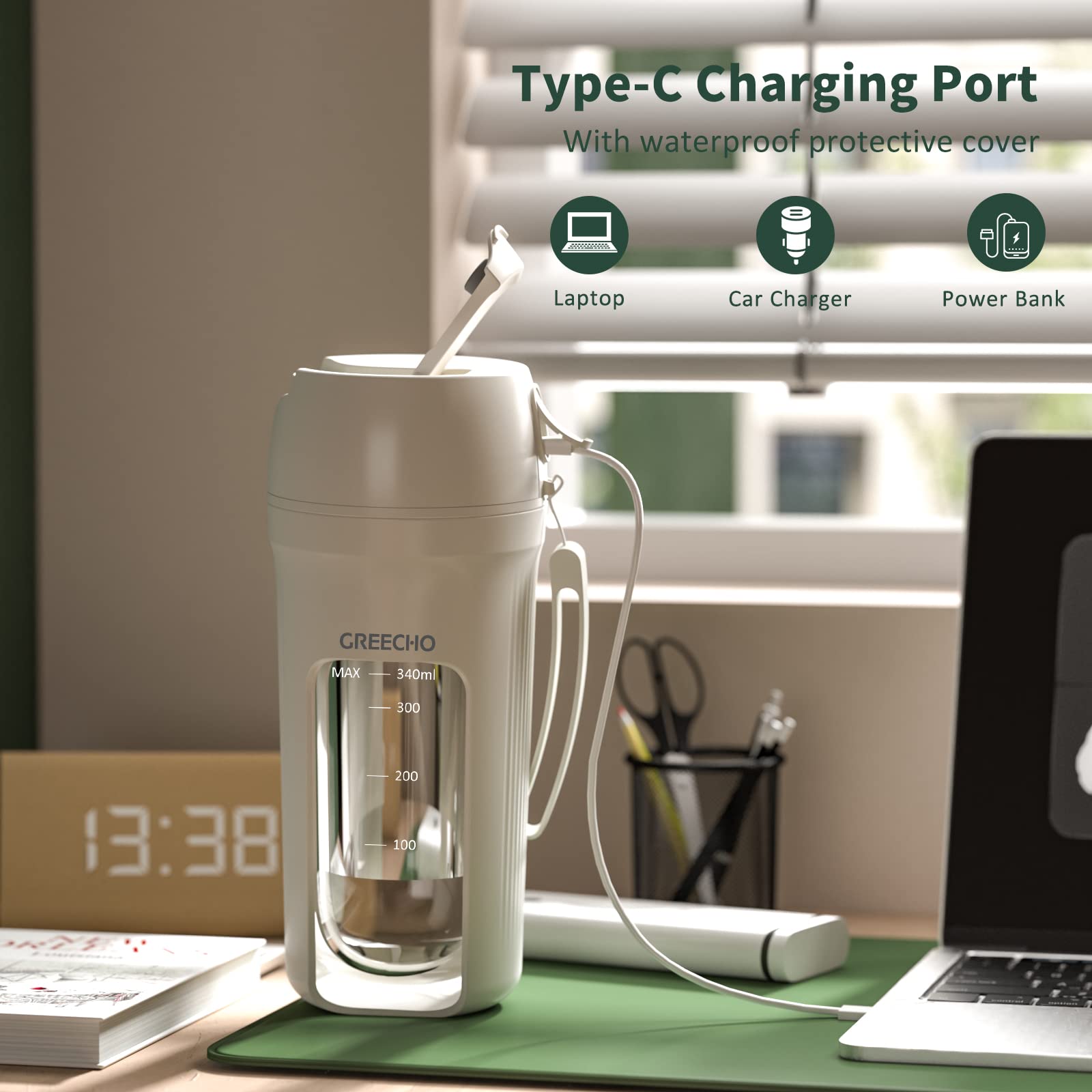 GREECHO Portable Blender - 12 oz USB Rechargeable Mini Blender for Smoothies, Shakes & Juices | BPA-Free One-Handed Personal Blender | Perfect for Gym, Office, Travel & Home Use | Cream White
