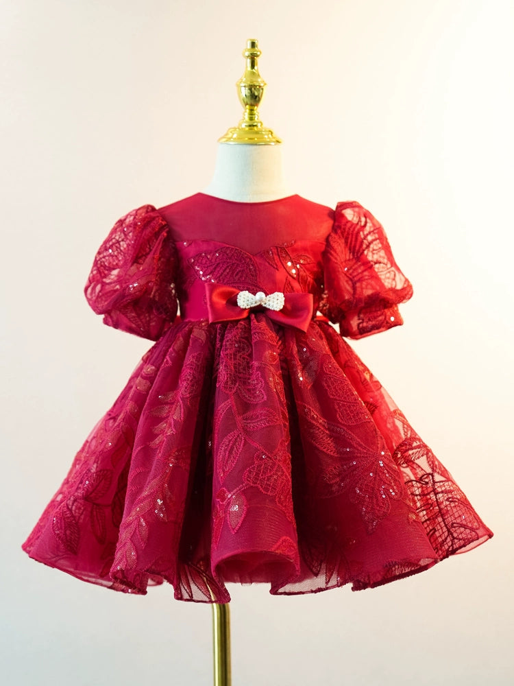 Burgundy Princess Round Tea Length Lace Flower Girl Dress for Weddings, Bridal Parties & Special Occasions