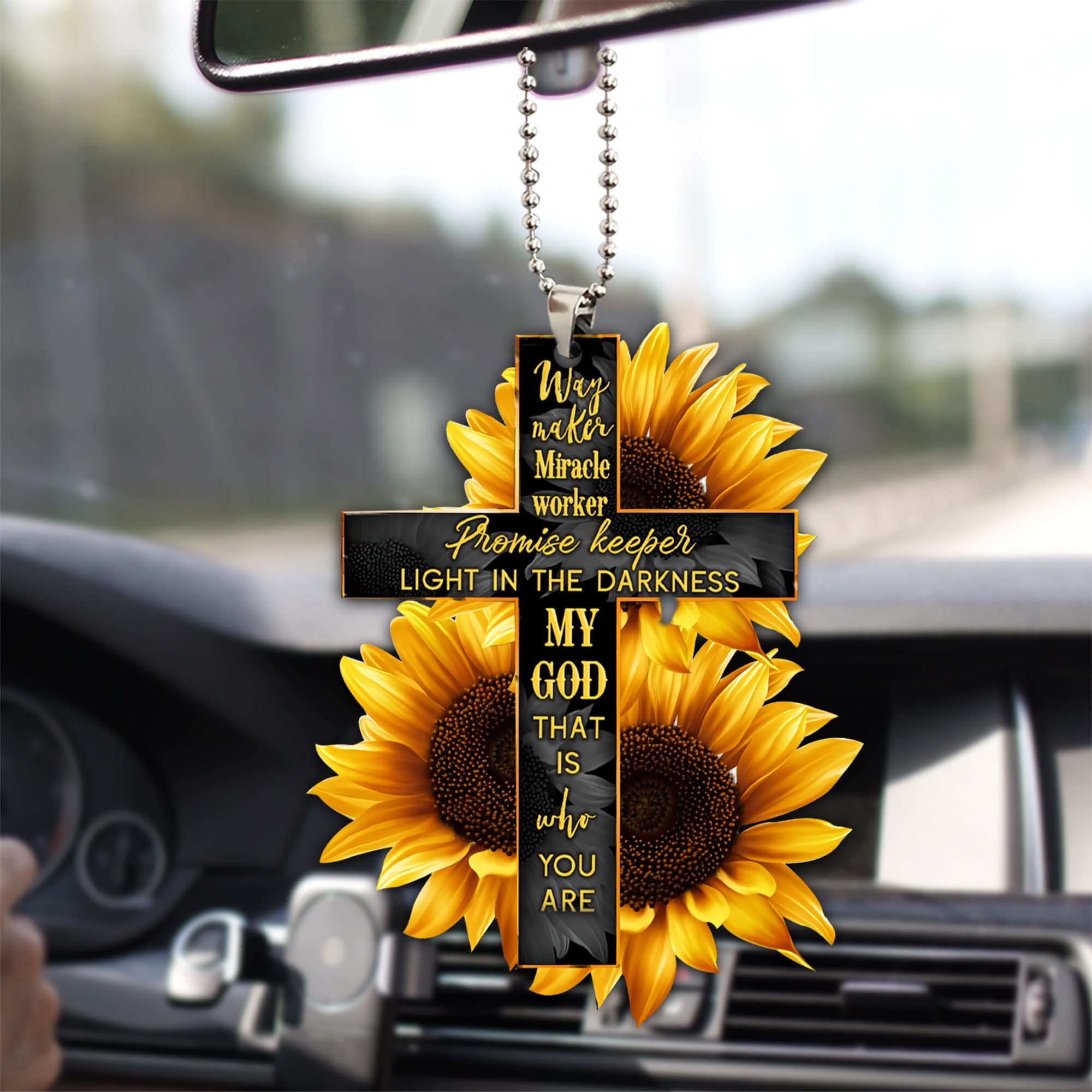Talataca Sunflower Jesus God Way Maker Christian Bible Verse 2D Flat Car Rearview Mirror Charm - Inspirational Christian Car Accessory for Daily Commute & Spiritual Reflection