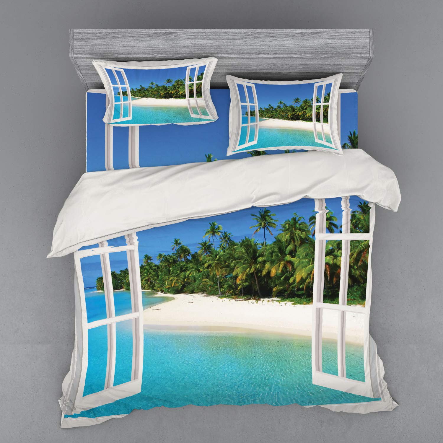 Ambesonne Ocean Bedding Set 4-Piece King Size - Tropical Beach Paradise Design with Wooden Gazebo, Palm Trees & Sandy Shore - Duvet Cover, Shams & Fitted Sheet in White, Green & Blue | Perfect for Coastal Themed Bedrooms, Vacation Homes & Beach House Decor
