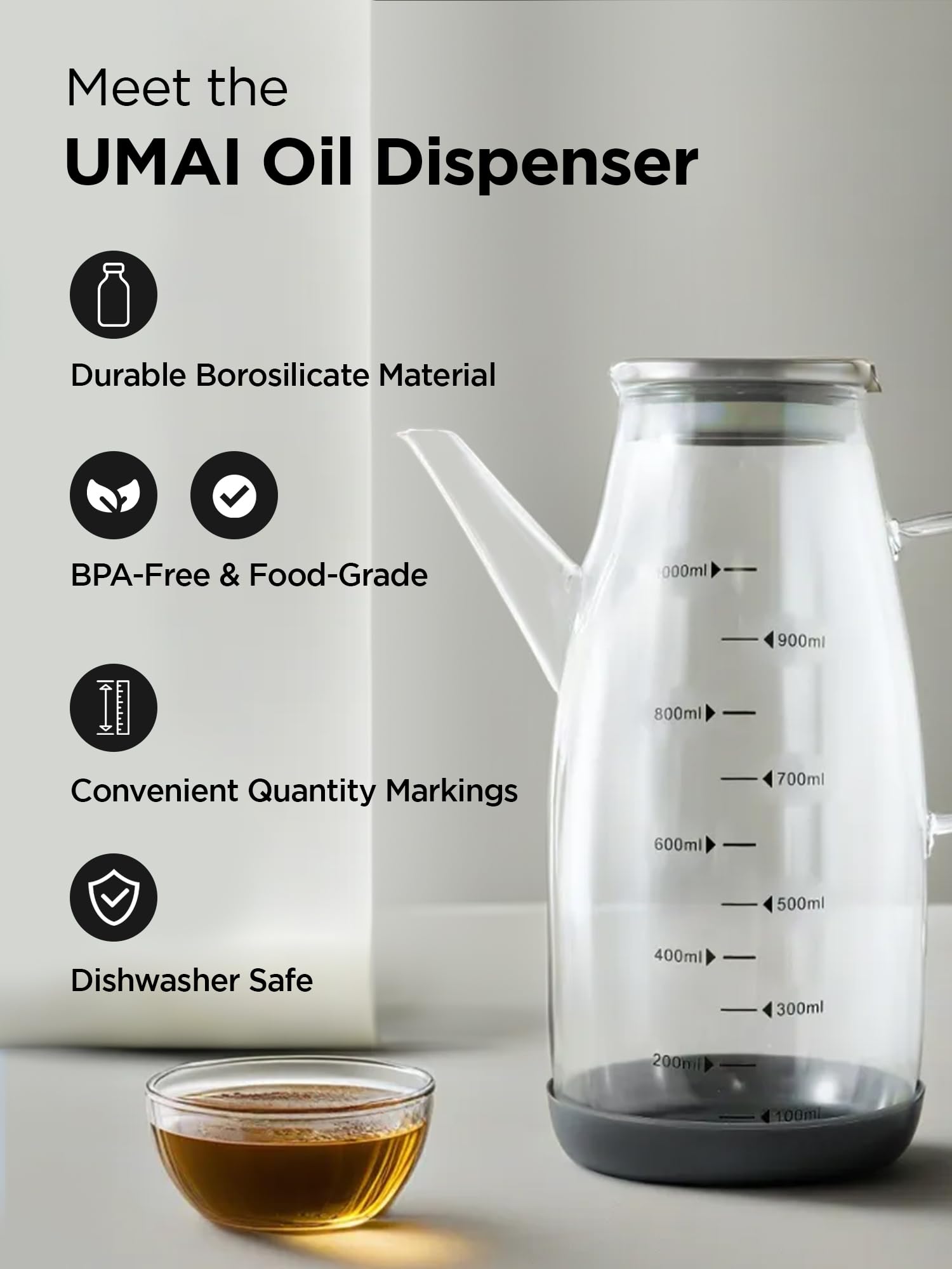 Premium 1L Glass Oil Dispenser Bottle with Cap & Handle - Borosilicate Kitchen Oil Container, Spill-Proof & Food Grade - Perfect for Olive Oil, Vinegar & Cooking Oils - Ideal for Restaurants, Home Kitchens & Gourmet Cooking