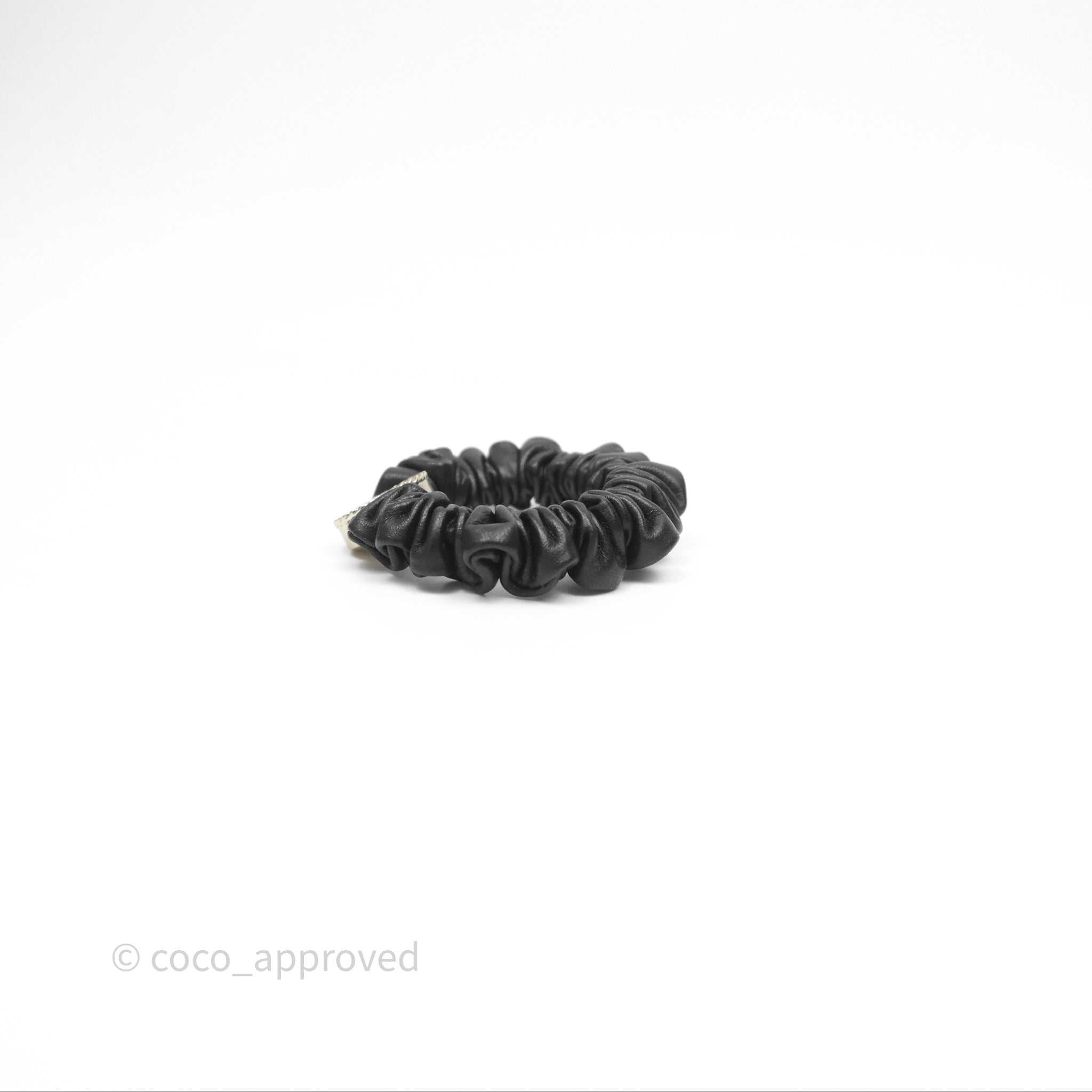 Chanel CC Logo Black Leather Scrunchie Hair Tie with Gold Tone Hardware - Elegant Hair Accessory for Women, Perfect for Parties, Weddings & Everyday Wear