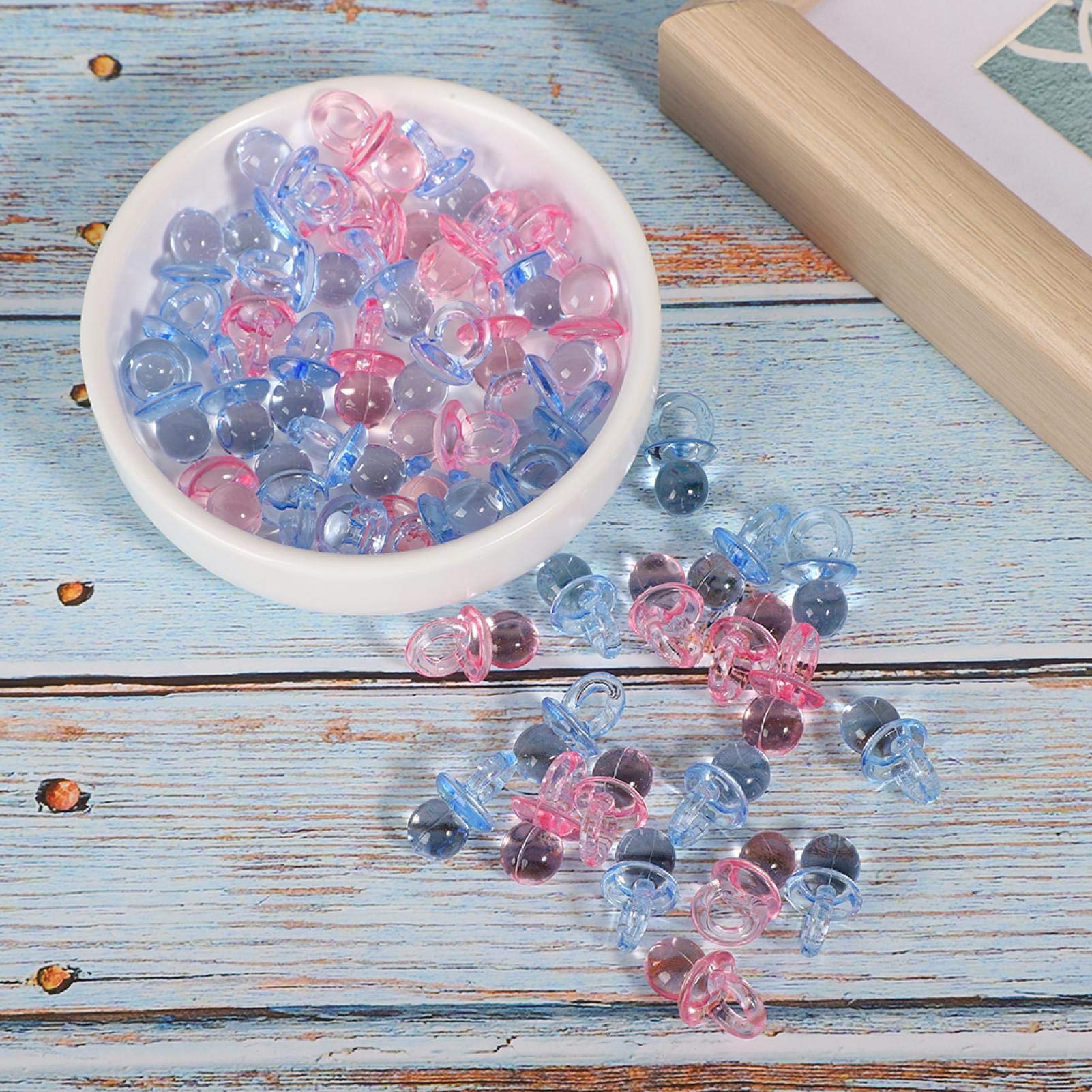 100Pcs Acrylic Pacifier Clips - Baby Shower Favors, Birthday Party Decorations, Baptism Gifts & Soothing Mini Pacifier Toys (Transparent + Blue) - Perfect for Newborn Essentials, Baby Registry & Nursery Decor