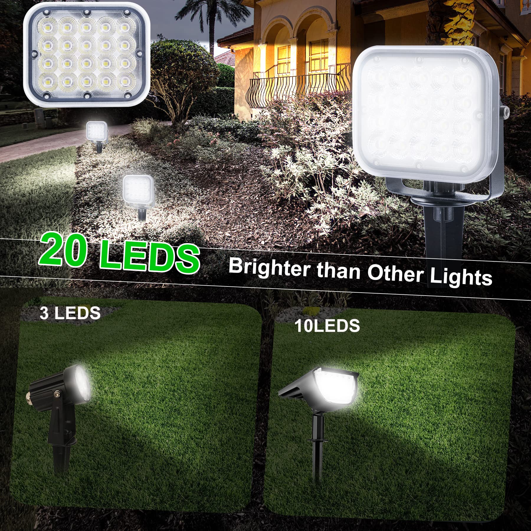 20 LED Solar Spot Lights Outdoor 2 Pack - IP65 Waterproof, 6000K Cold White Dusk-to-Dawn Landscape Lighting for Yard, Garden, Driveway, Porch & Walkway - Perfect for Pathway Illumination & Garden Accent Lighting