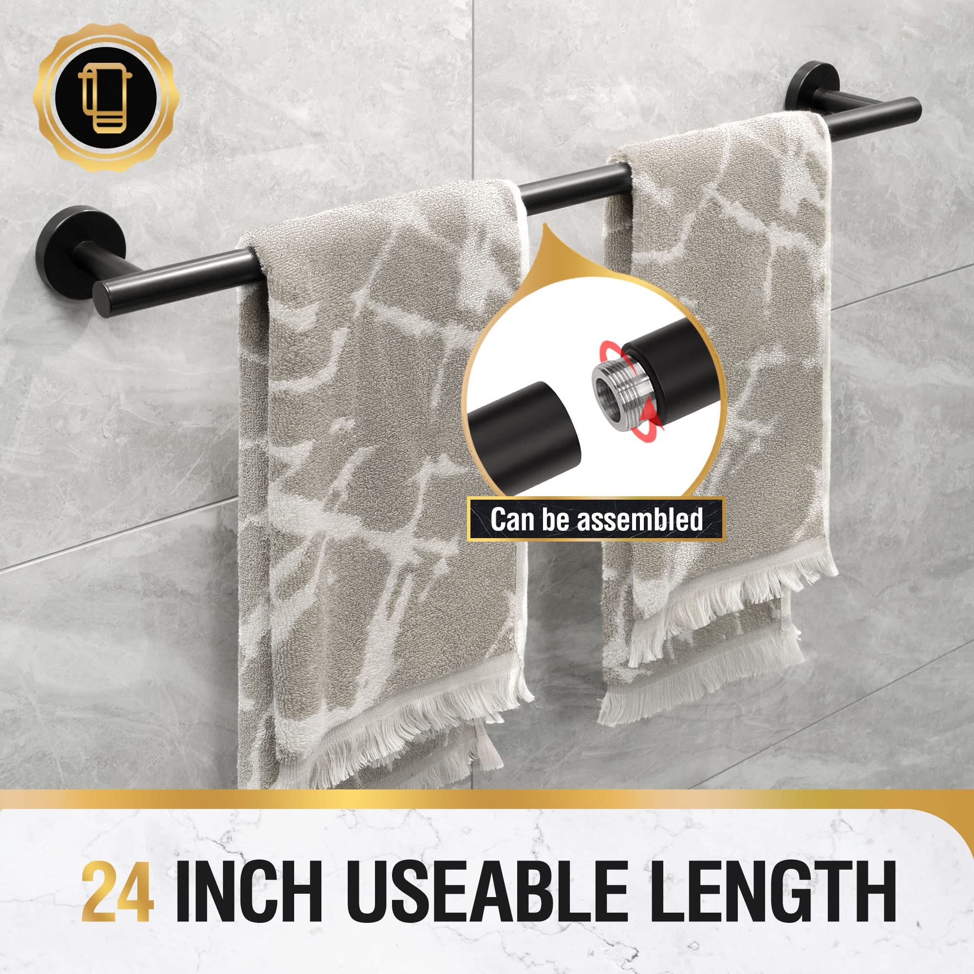 HITSLAM 25.7 Inch Matte Black Bathroom Towel Bar - SUS304 Stainless Steel Wall Mounted Towel Rack - Modern Home Decor Bath Towel Holder with Hardware Accessories - Perfect for Bathroom, Spa, and Guest Room Organization