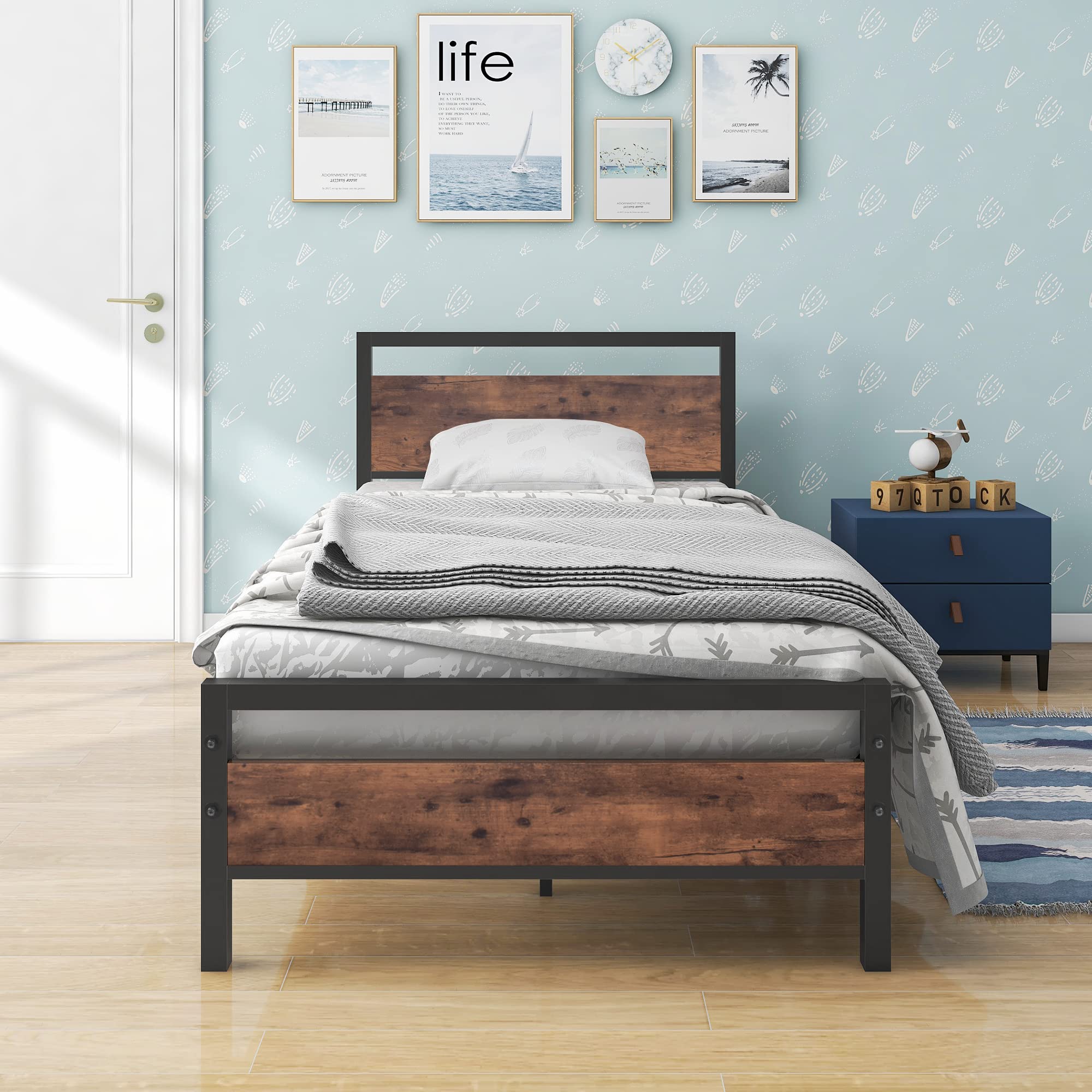 Vintage Farmhouse Twin Size Bed Frame with Wood Headboard - Heavy Duty Metal Platform Bed, No Box Spring Needed - Sturdy Steel Slat Support for Firm Mattress - Easy Assembly (Brown) - Perfect for Guest Rooms, Kids' Bedrooms & Cozy Farmhouse Style Homes