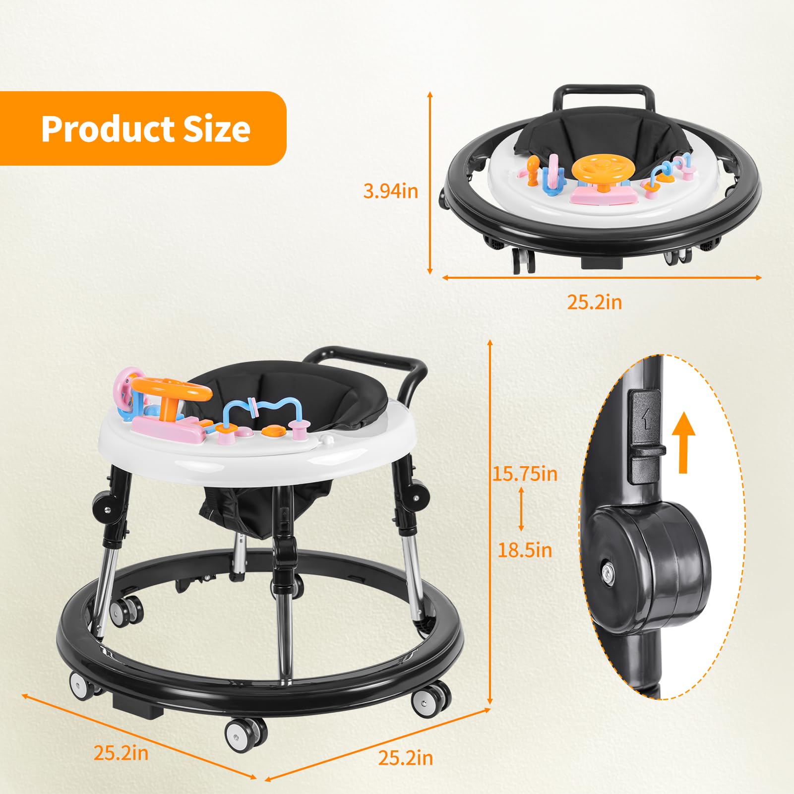 Foldable 9-Speed Adjustable Baby Walker with Wheels & Music - Anti-Fall Infant Activity Center with Foot Pads for Boys & Girls 6-24 Months - Perfect for Learning to Walk & Indoor Playtime