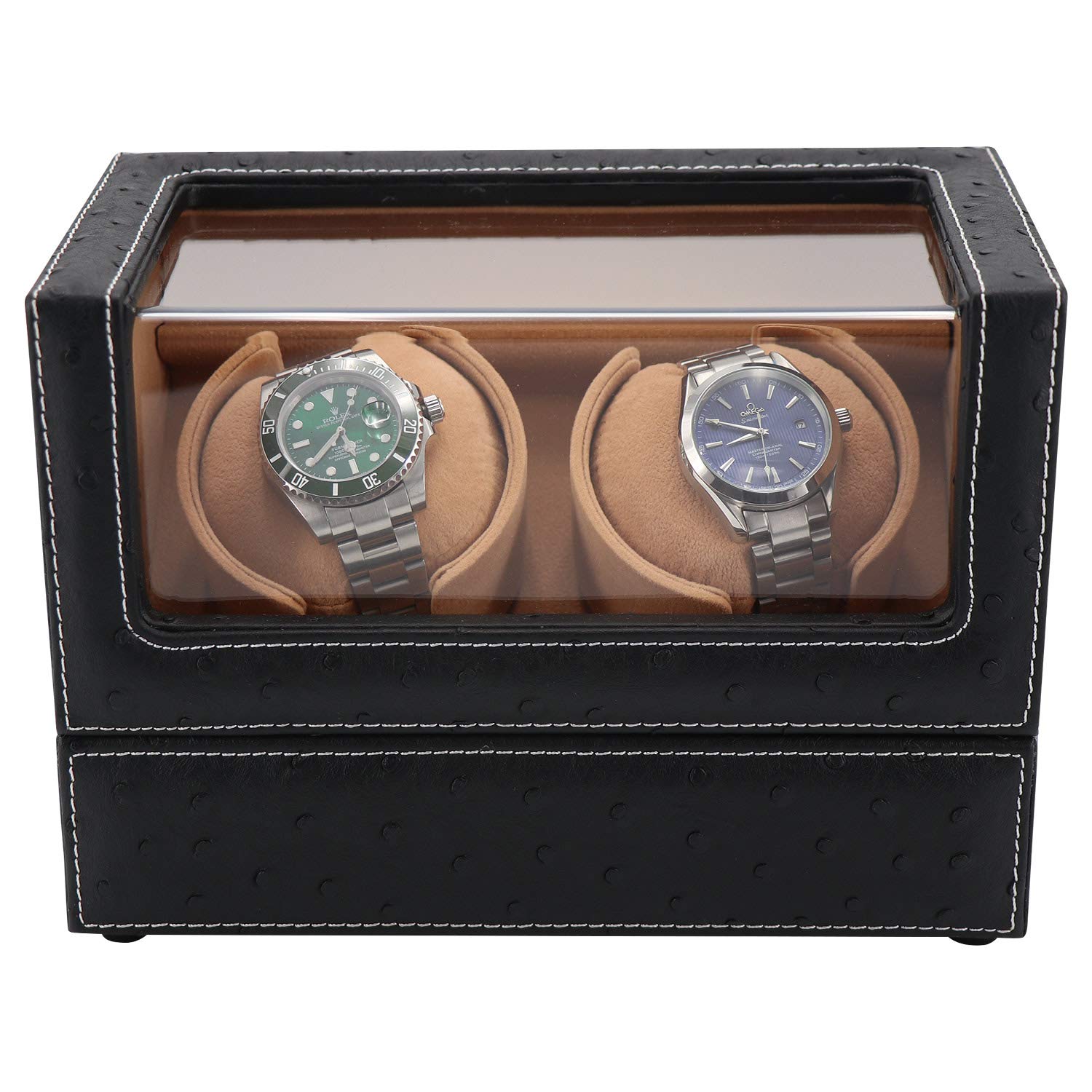 Premium Automatic Double Watch Winder for Rolex & Luxury Watches - Quiet Motor, Black Ostrich Leather Case with Soft Camel Velvet Pillows - Perfect for Watch Collection Display & Safe Storage at Home/Office