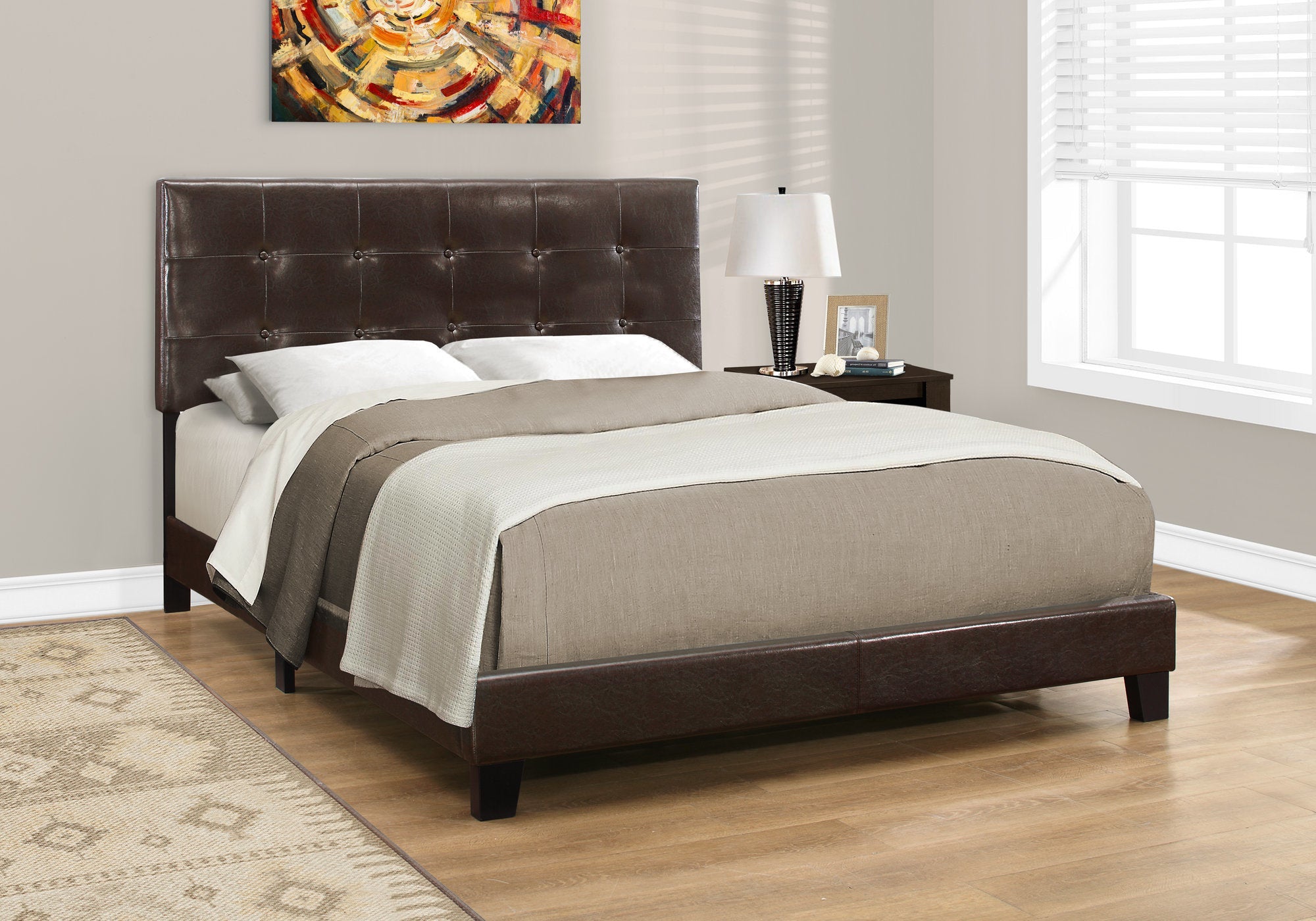 Queen Size Bed Frame - Dark Brown Faux Leather Upholstered Platform Bed with Wooden Slats - Perfect for Master Bedroom, Guest Room, or Apartment