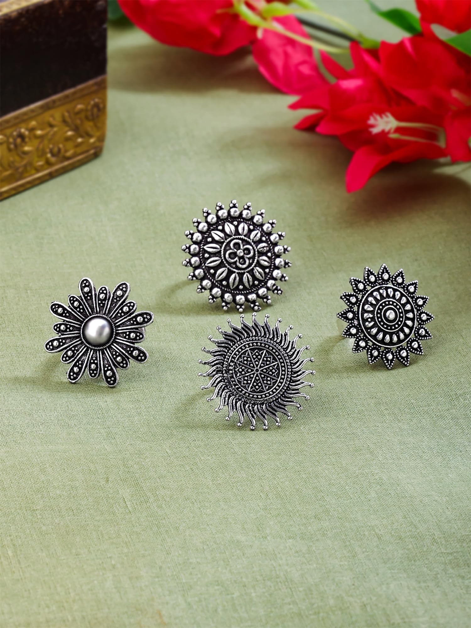Oxidized Silver Floral Ring Set for Women & Girls - Big Charm Traditional Jewelry | Elegant Yellow Chimes Rings | Perfect Birthday & Anniversary Gift for Wife, Girlfriend | Ideal for Parties, Weddings & Everyday Wear