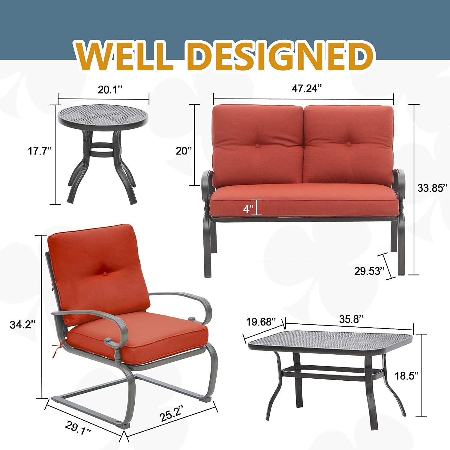 SOLAURA 5-Piece Outdoor Patio Furniture Set - Wrought Iron Loveseat & Spring Chairs (Red) - Durable Garden Conversation Set for Backyard, Deck, Poolside & Outdoor Relaxation
