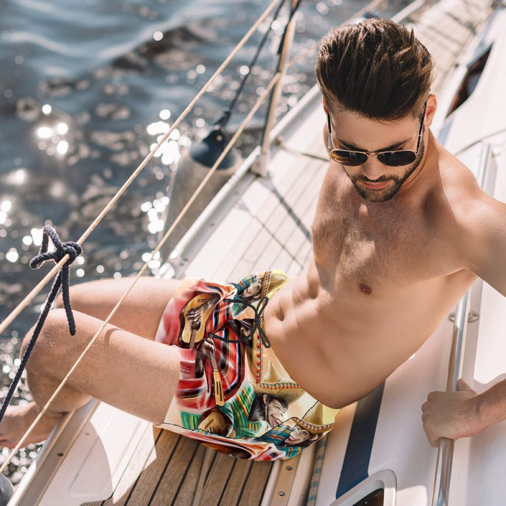 Mexican Fiesta Monkey Guitar Men's Swim Trunks - Quick Dry Board Shorts with Pockets for Beach, Pool Party & Summer Vacation