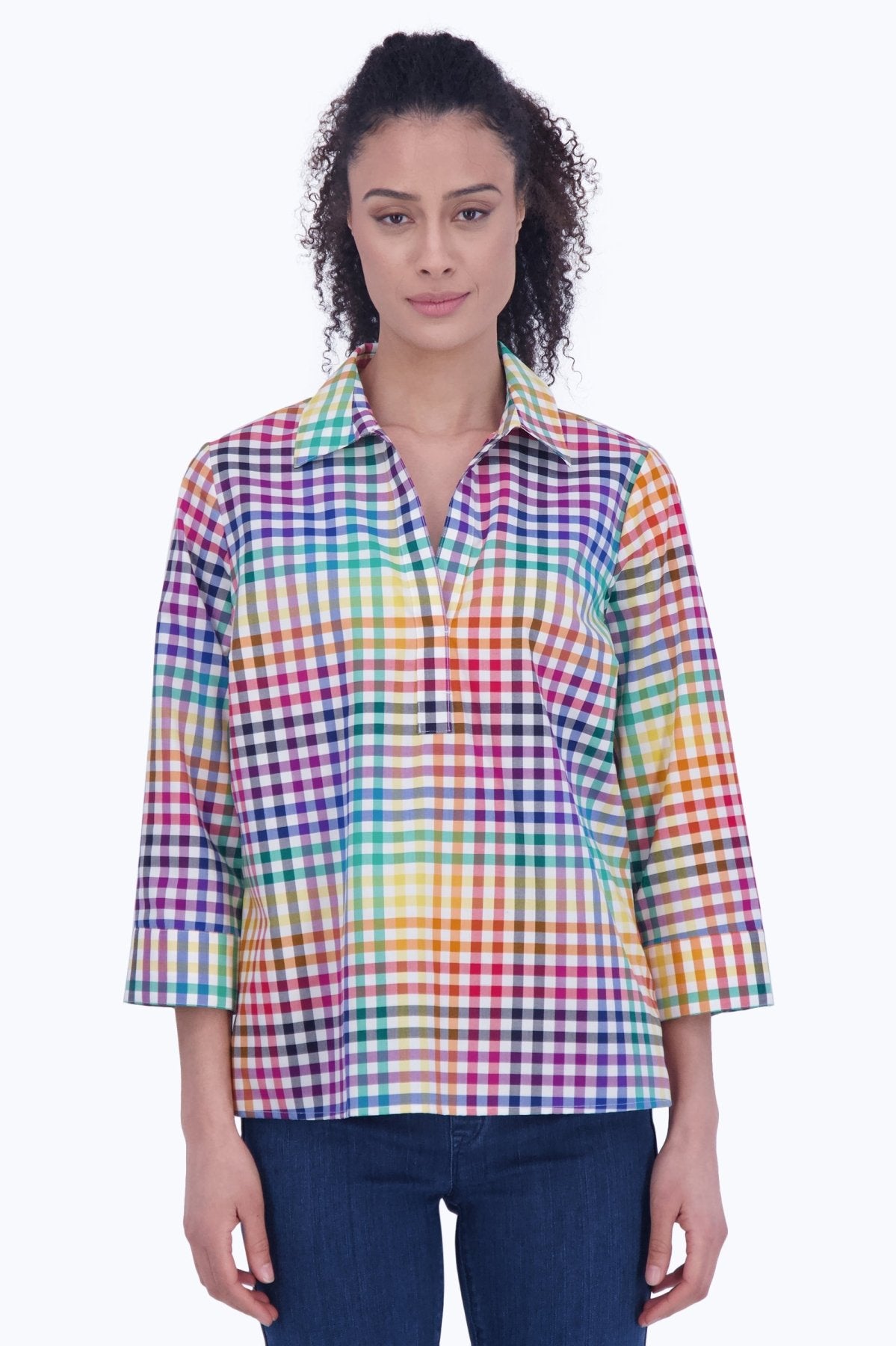 Sophia Rainbow Gingham 3/4 Sleeve Popover Shirt for Women - Stylish Casual & Office Wear - Perfect for Spring Summer Outfits, Picnics and Date Nights
