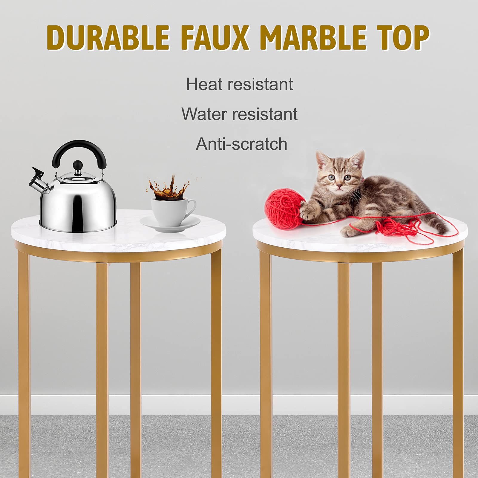 Stylish Round Side Table with Marble Top & Gold Metal Base - Modern End Table, Nightstand or Coffee Table for Bedroom, Living Room, Office - 16
