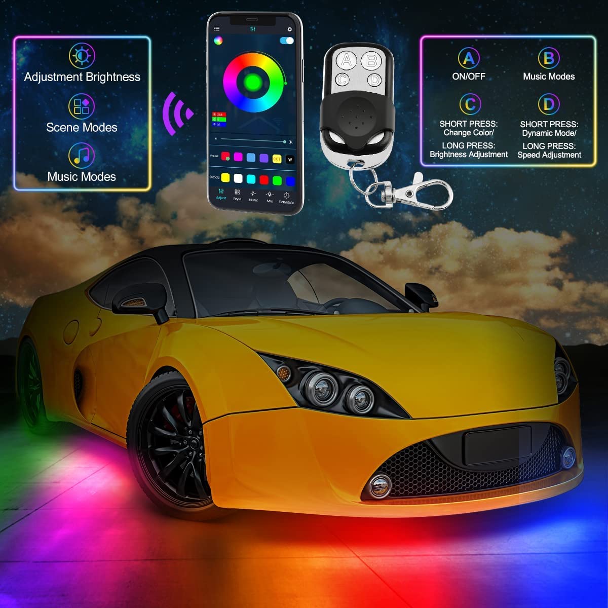 Rainbow Chasing Underglow Car LED Lights Kit - 16 Million Colors, APP Remote Control, Music Sync & Scene Modes with Extension Wires & Cable Ties | Perfect for SUVs, Trucks & Car Customization | Enhance Night Driving, Car Shows & Street Racing