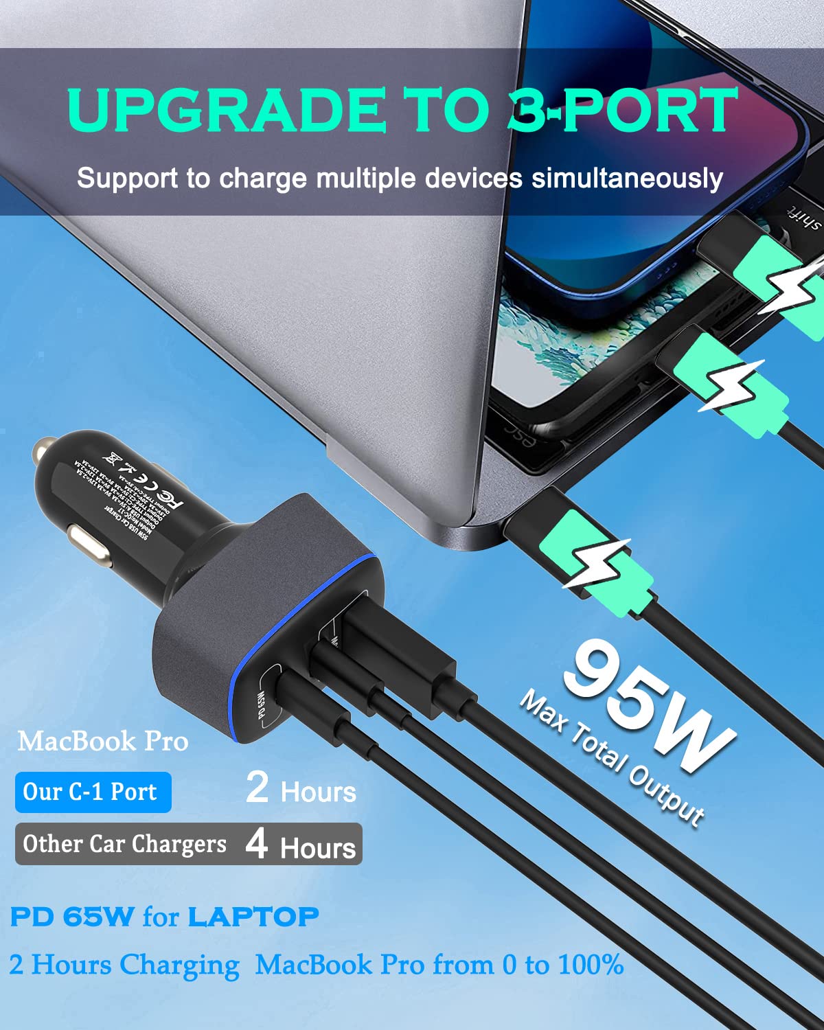95W USB C Car Charger with 3 Ports - 65W PD, 55W PPS & 30W QC3.0 Fast Charging - Compatible with iPhone 14/13/12/11 Pro Max, Samsung Galaxy, Google Pixel, MacBook, Laptop, iPad - Includes Type-C Cable - Perfect for Road Trips, Commuting & Multi-Device Charging on the Go