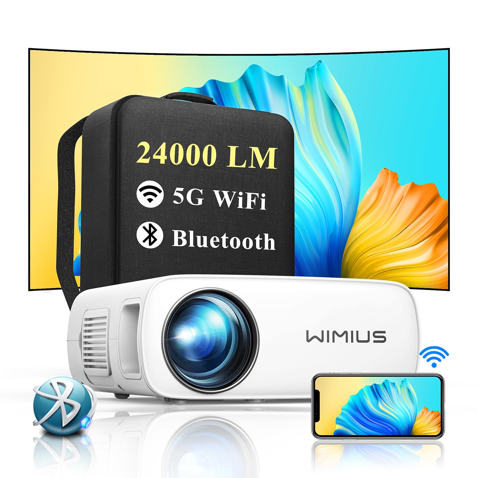 WiMiUS 24000 Lumen WiFi 6 Bluetooth Projector - 1080p Full HD, 4K Supported with 6D/4P Keystone & 50% Zoom - Portable Home Theater for Movies, Gaming & Presentations - Compatible with iOS, Android, TV Stick, PS5 - Perfect for Indoor & Outdoor Entertainment