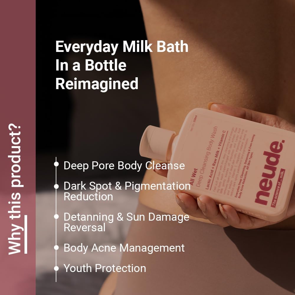 Neude All Wet 250ml De-Tan Body Wash with Milk, Lactic Acid & Vitamin C - Skin Brightening, Dark Spot & Pigmentation Reduction Shower Gel - Deep Cleansing for Dryness & Body Acne Prevention - For Men & Women - Perfect for Daily Skincare & Post-Sun Care Routine