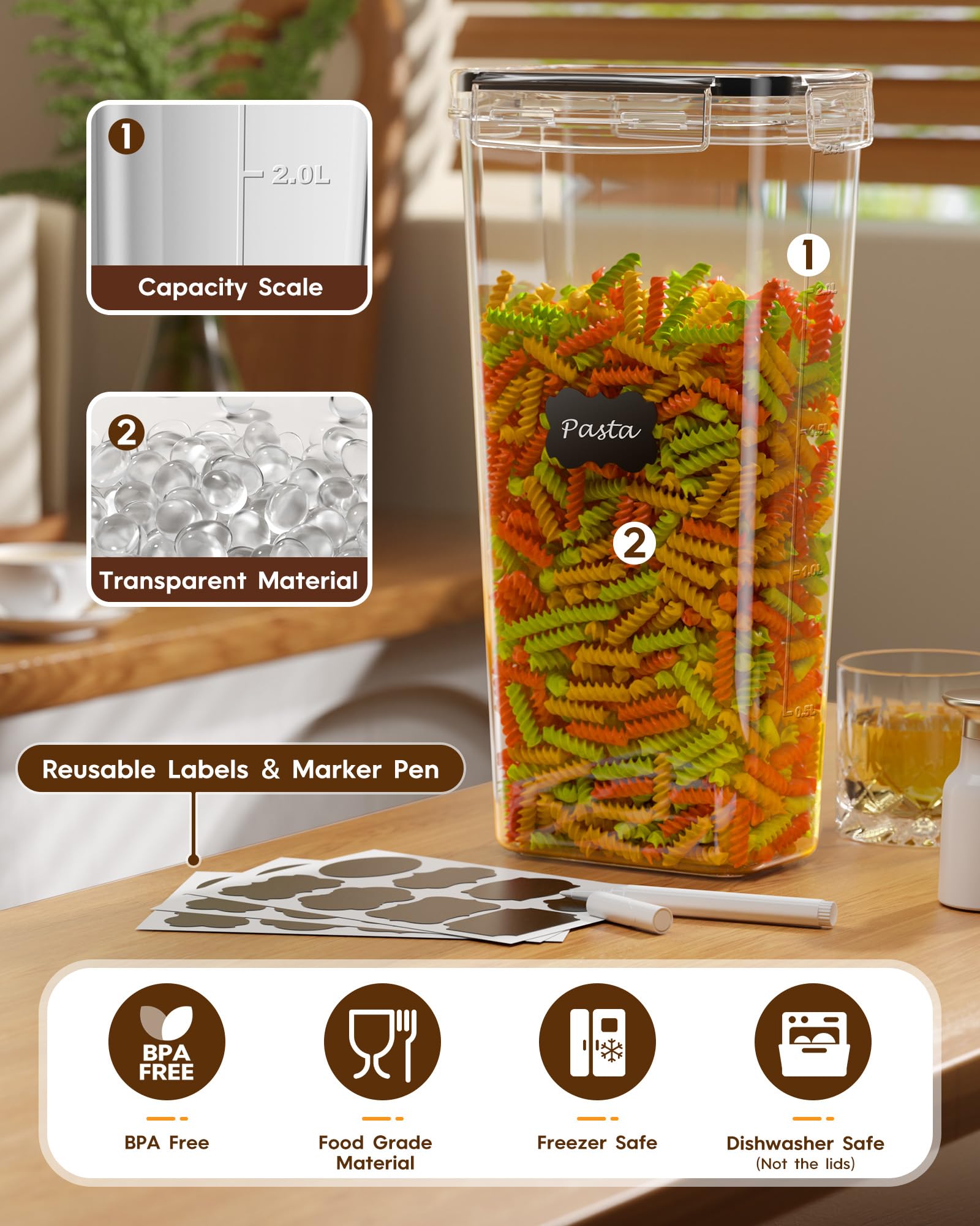 15-Pack Airtight Food Storage Containers with Lids - BPA-Free Plastic Kitchen Organizers for Cereal, Flour, Sugar, Pasta & Dry Food - Includes Labels & Marker - Perfect for Pantry, Baking & Meal Prep Organization