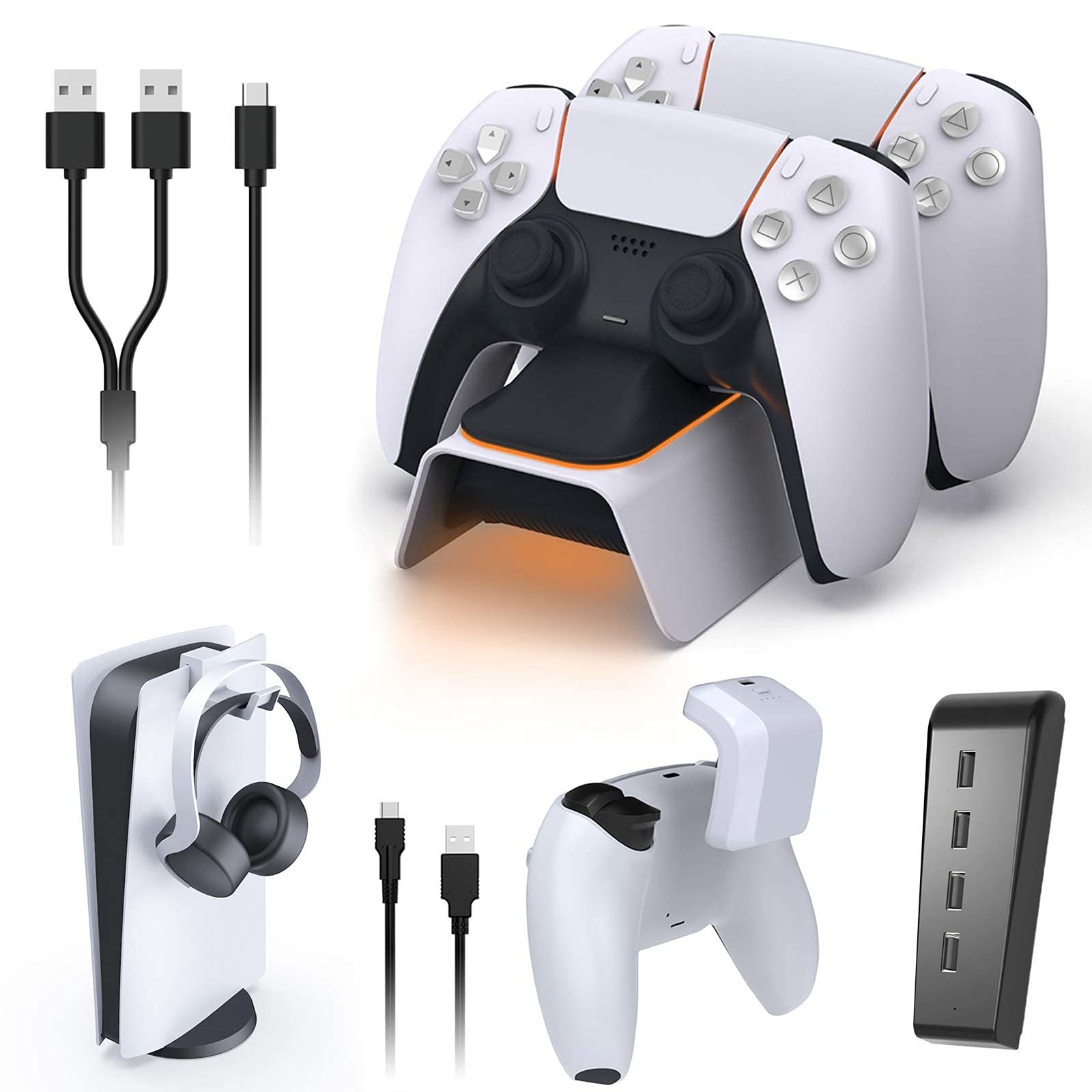 NexiGo PS5 Essential Accessories Kit - Upgraded DualSense Controller Charger with LED Indicator, Headset Stand, 4-Port USB Hub & Rechargeable Battery Pack - Perfect for Gaming Setup & Multi-Device Charging Station