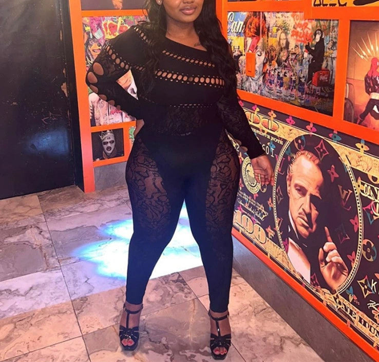 Sexy Hollow Knit Jumpsuit for Women - Stylish & Comfortable One-Piece Outfit for Night Out, Party, or Date Night
