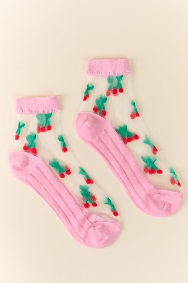 Pink Sheer Cherry Socks for Women - Soft & Comfortable Knee-High Stockings - Perfect for Valentine's Day, Cosplay, or Everyday Wear