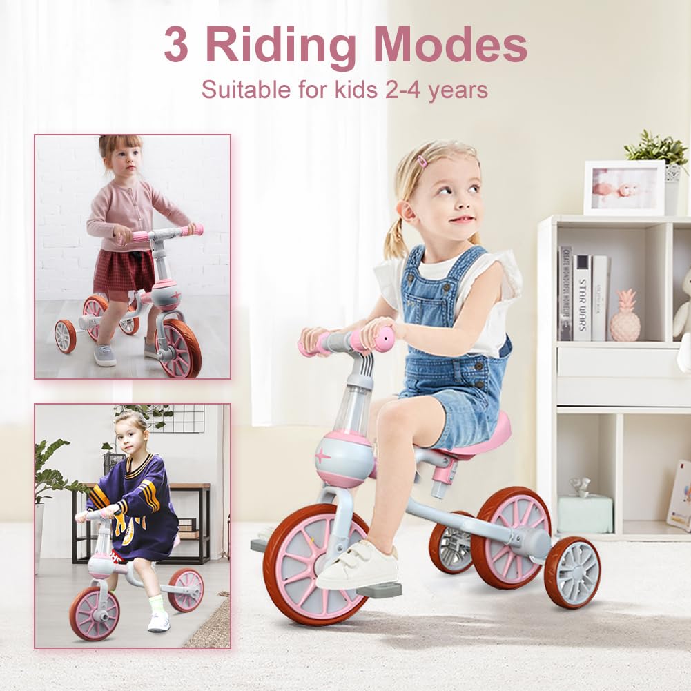 **XiaPia 3-in-1 Toddler Bike for 2-4 Year Olds - Adjustable Seat, Detachable Pedals & Training Wheels - Kids Balance Bike & Tricycle - Perfect for Indoor & Outdoor Play - Ideal Christmas & Birthday Gift (Pink)**