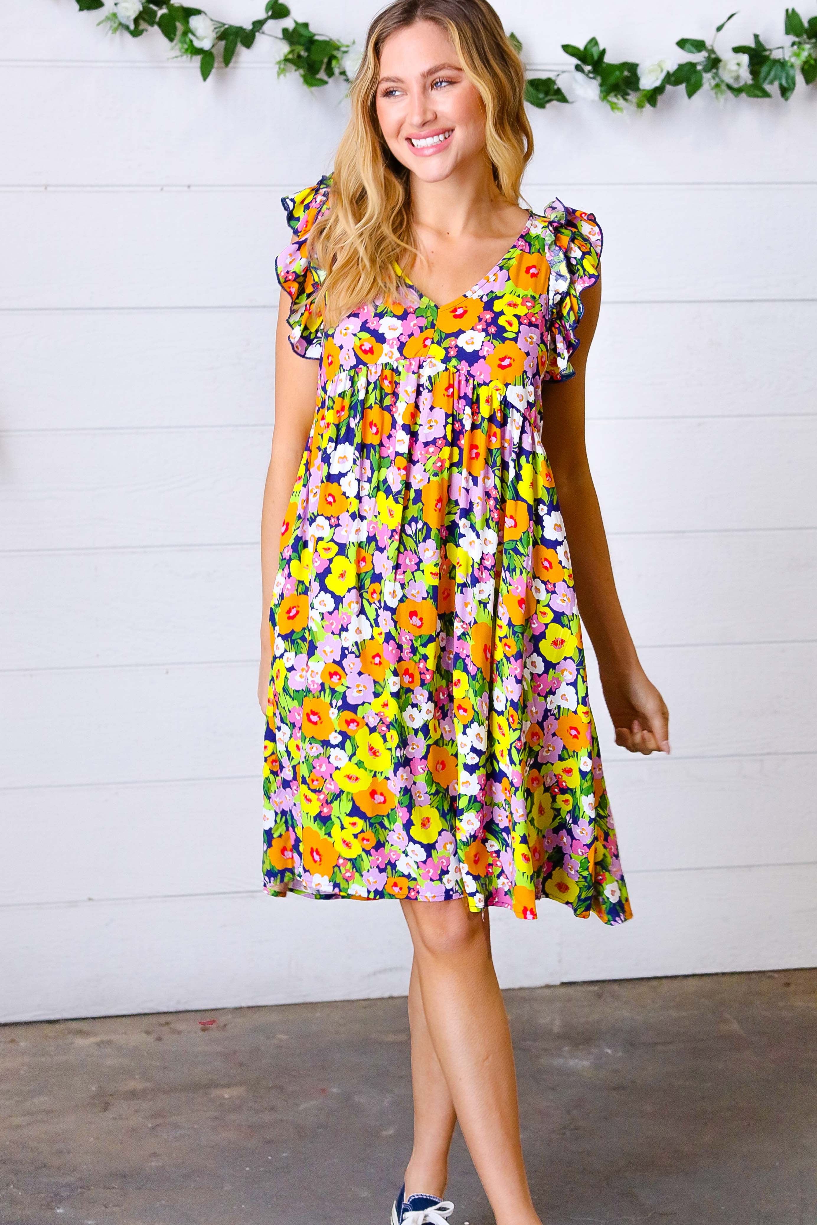 Indigo & Lemon Floral Babydoll Ruffle Dress for Women - Summer Party, Beach Vacation & Date Night Outfit