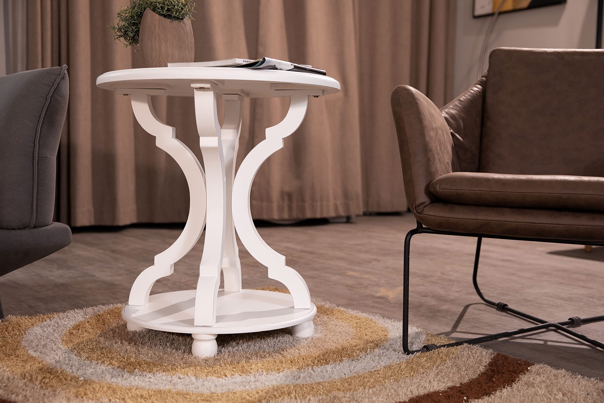 FINECASA 22x24 Inch Small Round End Table with Shelf - Distressed Cream White Accent Table with Carved Legs for Bedroom, Living Room, Dorm | Perfect as Nightstand, Side Table or Coffee Table