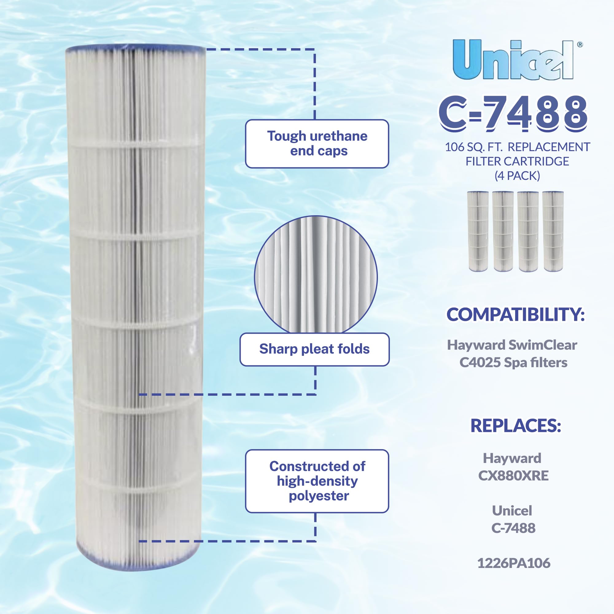 Unicel C-7488 106 Sq Ft Pool Filter Cartridge Replacement - 176 Pleats, Compatible with Hayward Pool Filters (4 Pack) - Perfect for Inground & Above Ground Swimming Pools, Spas, and Hot Tubs