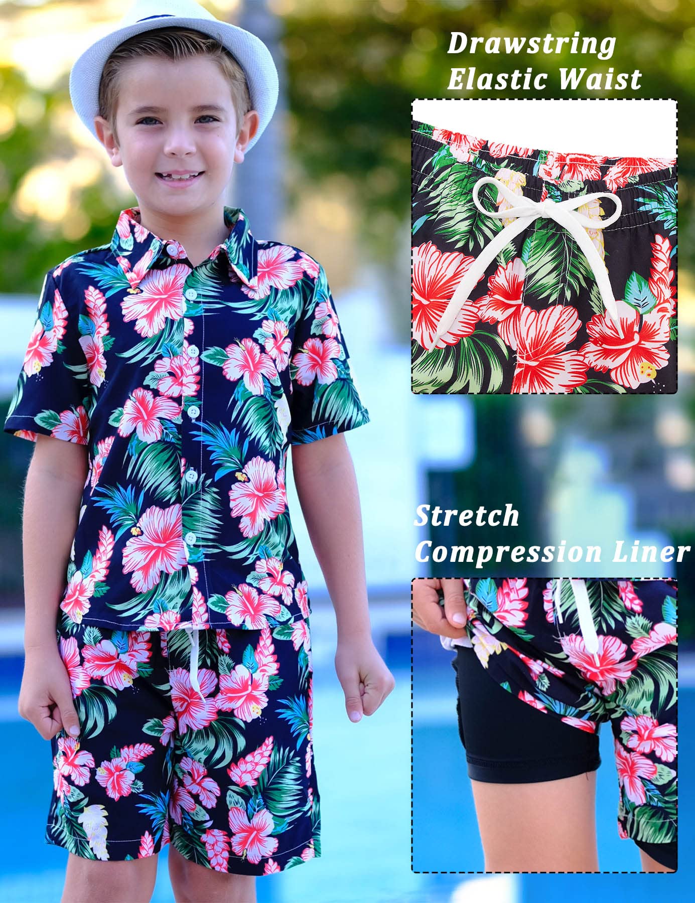 UNICOMIDEA Boys Hawaiian Shirt & Swim Trunks Set - Tropical Print 2-Piece Outfit for Kids 5-12 Years | Beach Vacation, Summer Party, Poolside Fun