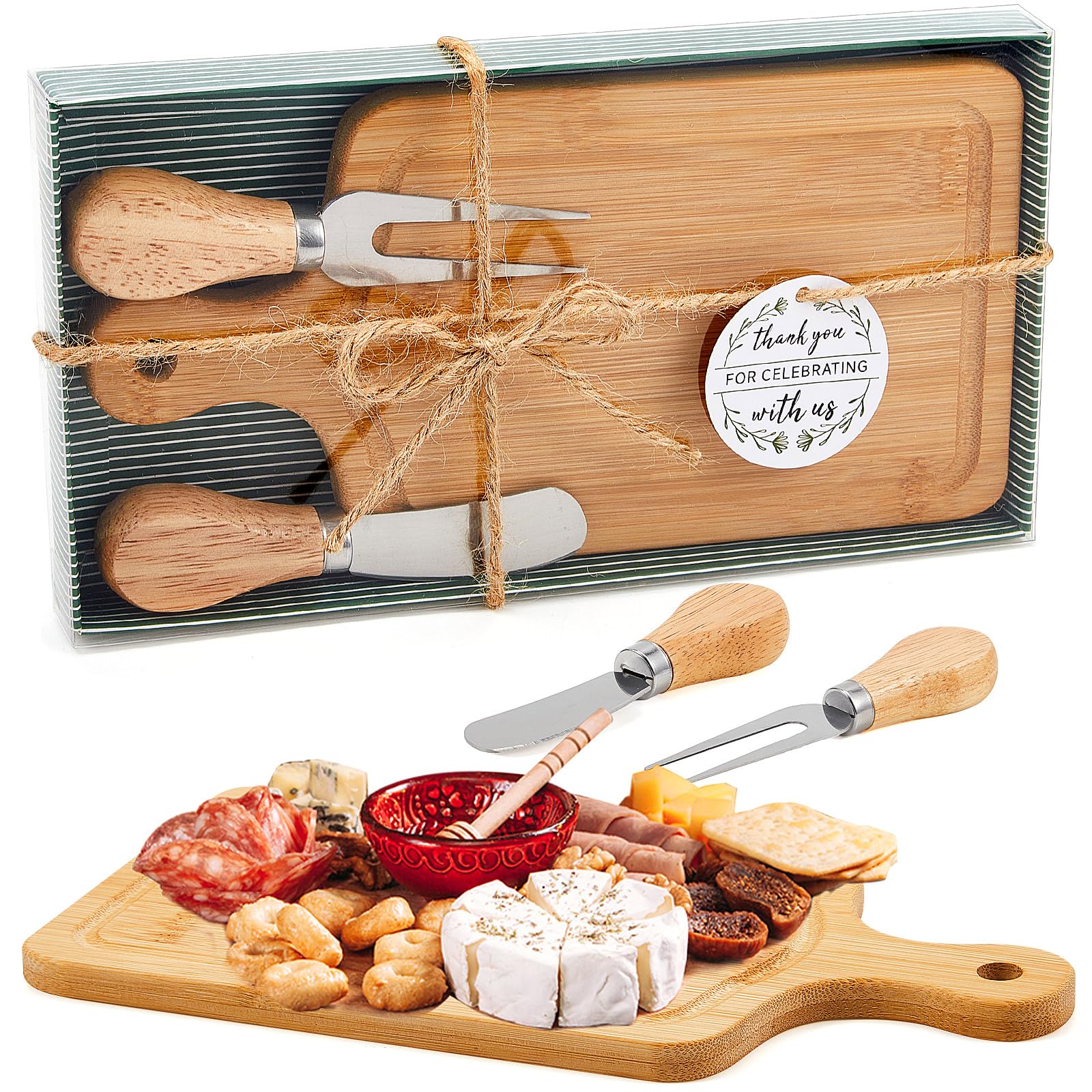 Bamboo Cheese Board Set with Knives, Forks & Thank You Tags - Elegant Bridal Shower Party Favors, Housewarming & Baby Shower Gifts for Valentine's Day - Perfect for Entertaining Guests & Charcuterie Displays
