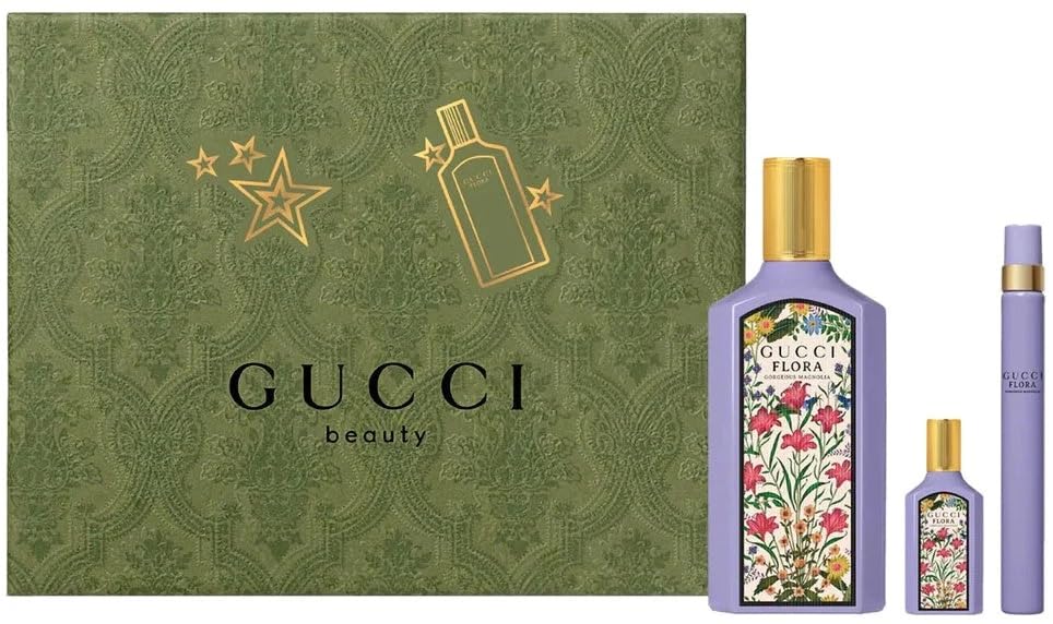 Gucci Flora Gorgeous Magnolia Women's Perfume Gift Set - 100ml EDP Spray + 10ml & 5ml Mini Travel Size - Luxury Floral Fragrance for Her - Perfect for Birthday, Anniversary & Valentine's Day Gifts