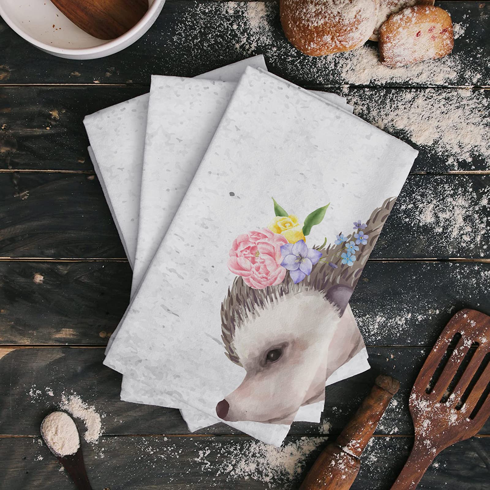 Cute Hedgehog Floral Tea Towel - Absorbent Microfiber Dish Cloth for Kitchen & Bath