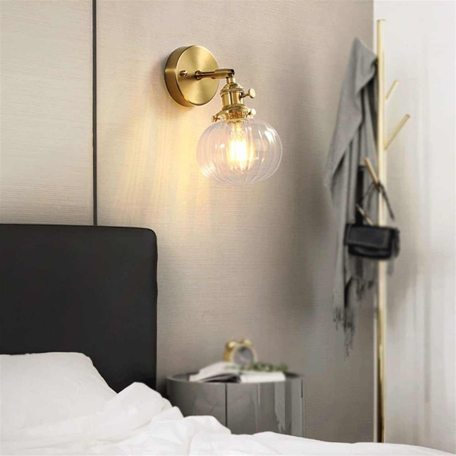 Modern Brass Wall Mount Lamp - Country Style Round Glass Shade Sconce Light Fixture for Bedroom, Living Room, Kitchen | Indoor Decorative Lighting for Homes, Apartments, Lofts & Reading Nooks