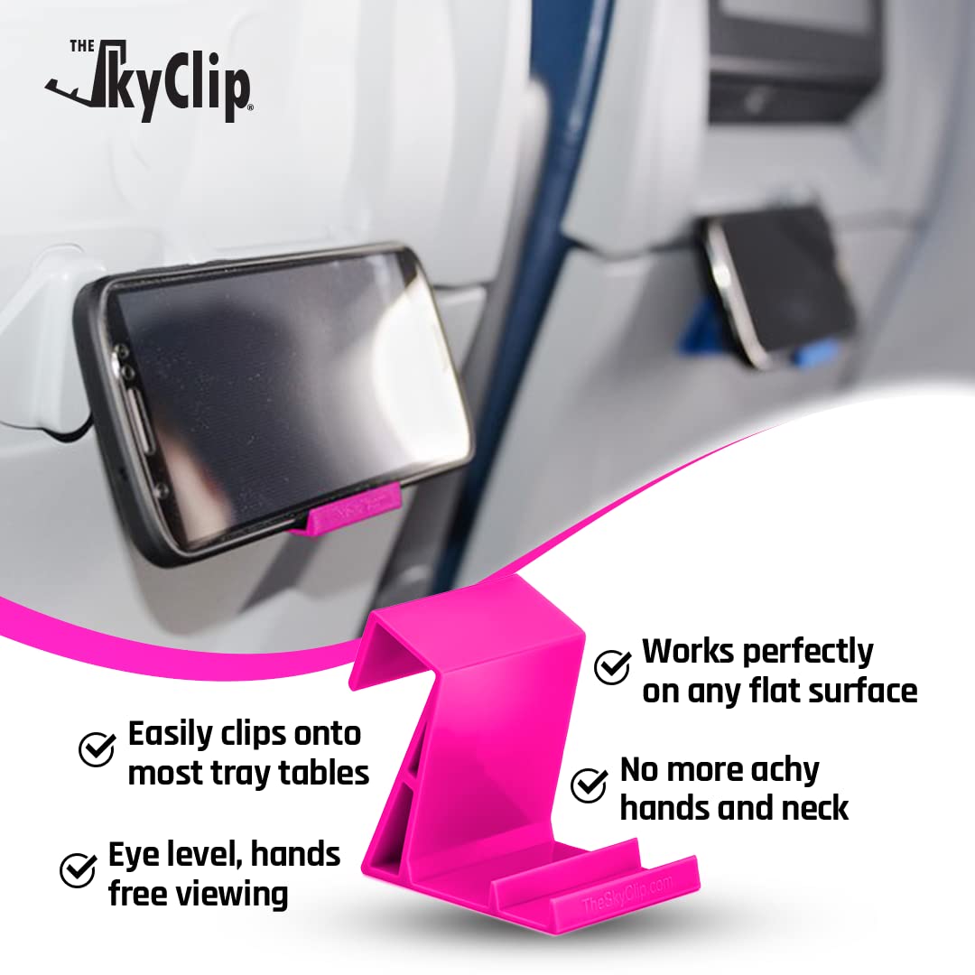SkyClip Airplane Phone Holder - Inflight Seat Back Tray Table Clip & Durable Phone Stand for iPhone, Android, Tablets & E-readers | Travel Essential (Pink, 2 Pack) | Perfect for Watching Movies, Reading & Working During Flights