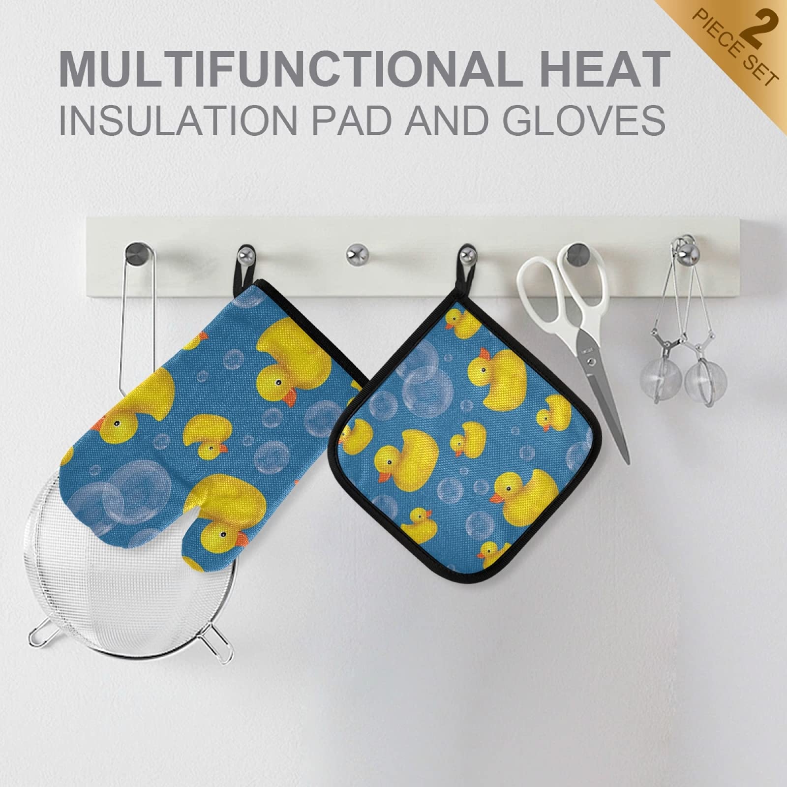 Heat Resistant Yellow Rubber Duck Oven Mitts & Pot Holders Set - Kitchen Cooking Gloves for Baking, Grilling, Microwave - Fun & Safe Kitchen Accessories for Home Chefs