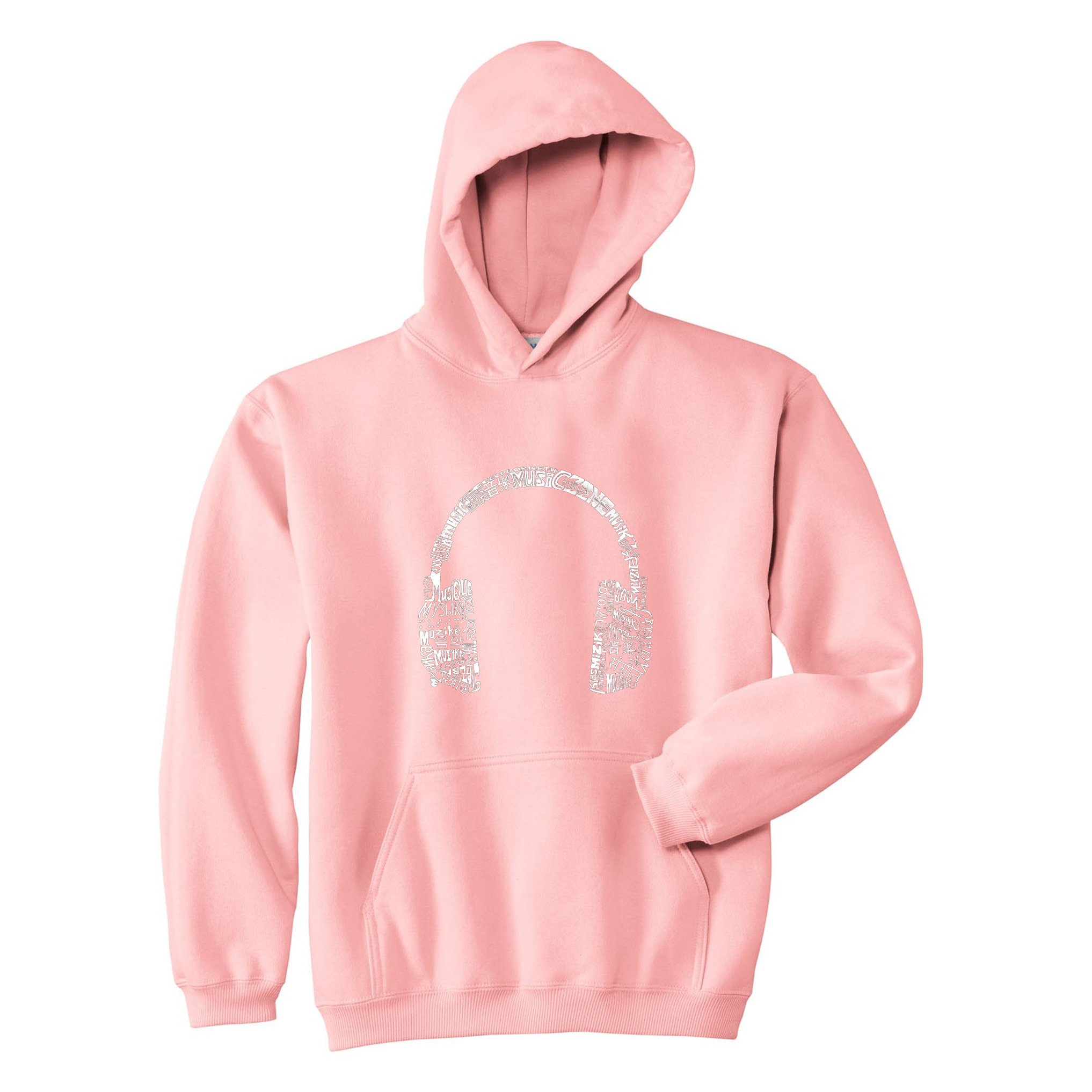LA POP ART Women's Word Art Hooded Sweatshirt - Trendy Graphic Pullover with Headphones Design - Multilingual Text Fashion - Perfect for Casual Wear, Music Lovers & Street Style