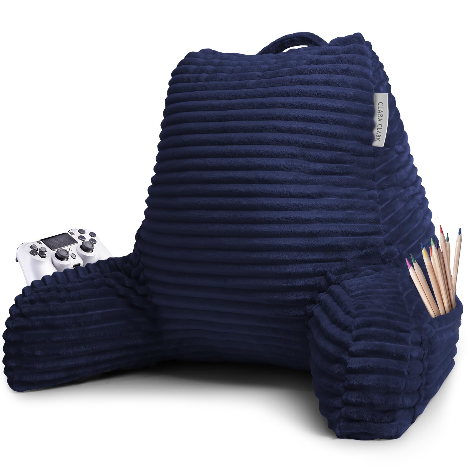 Clara Clark Plush Reading Pillow for Adults - Back Support Pillow with Arms & Pockets for Sitting in Bed, Shredded Foam Bed Rest Pillow (Navy) - Perfect for Reading, Watching TV, or Relaxing in Bed