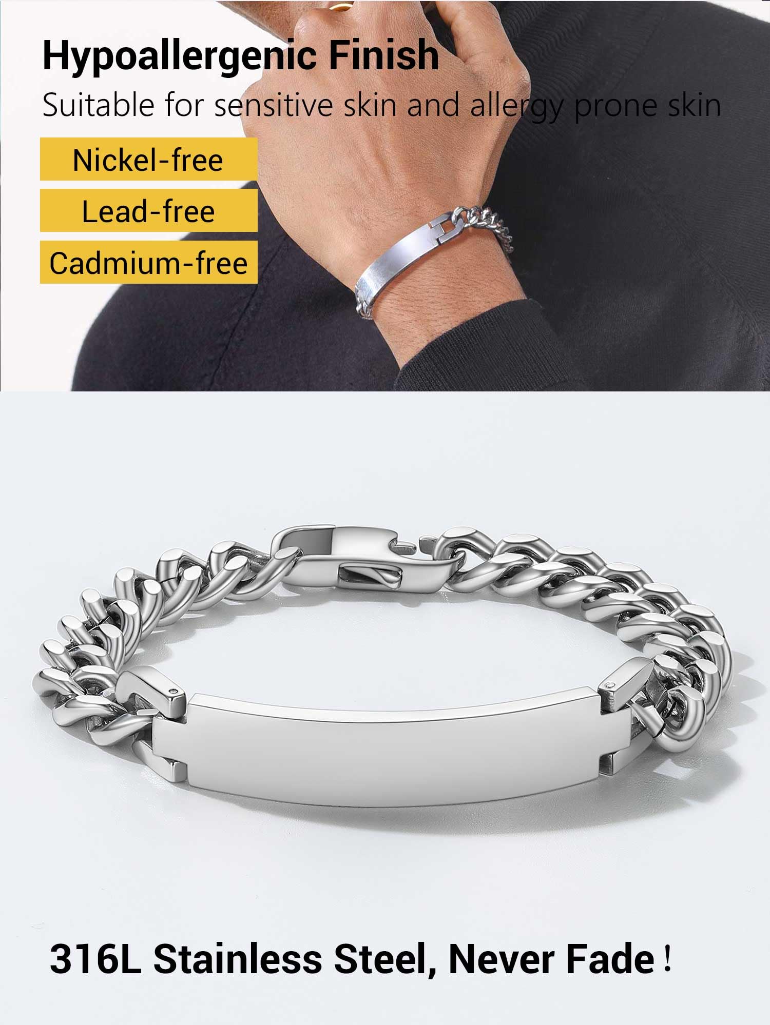 Custom Engraved Stainless Steel Bracelets for Men & Women - Personalized Name, Date, Initial & Quote ID Bracelet (7.5