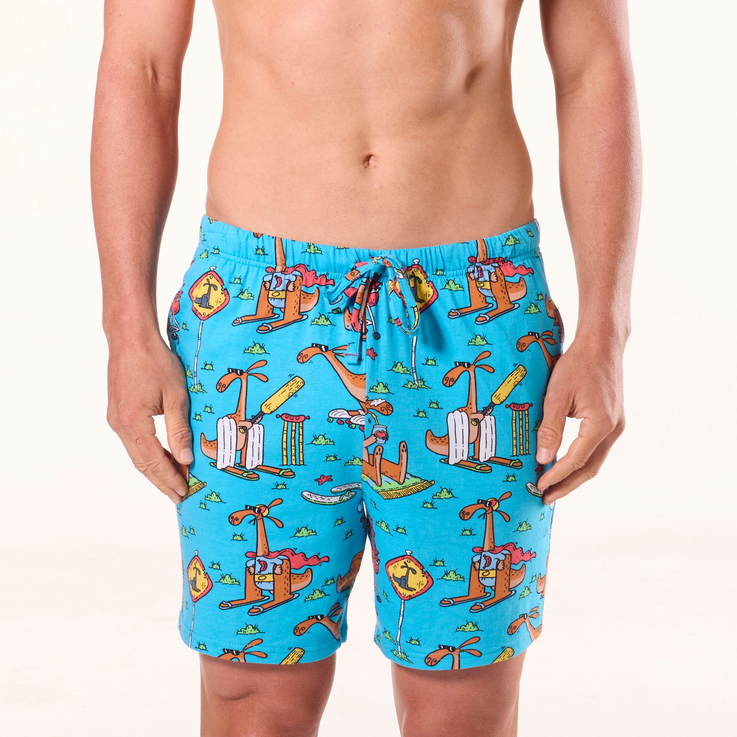 Men's Surfin' Kanga Cotton Knit Sleep Shorts - Soft & Breathable Lounge Pajama Shorts for Men in Blue - Perfect for Summer Nights, Beach Vacation & Relaxing at Home