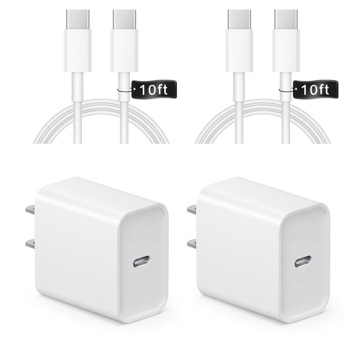 Fast Charging 20W USB C Wall Charger Block & 10ft Type C Cable (2-Pack) - Compatible with iPhone 16/16 Pro/16 Pro Max/15, iPad Pro/Air 5/4/Mini 6 - Perfect for Home, Office & Travel Charging