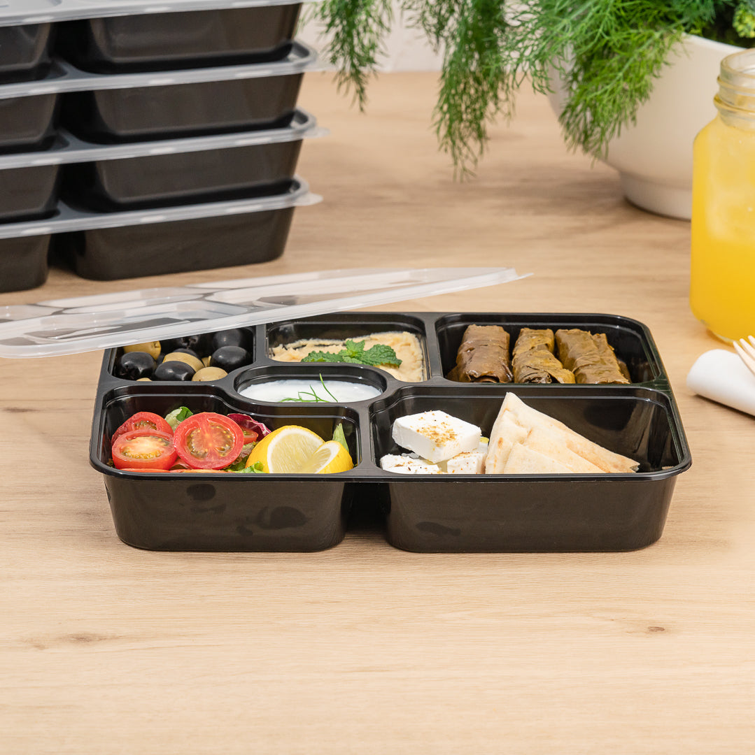53 oz Black Plastic 6-Compartment Food Storage Container with Clear Lid - Microwave Safe (9.75