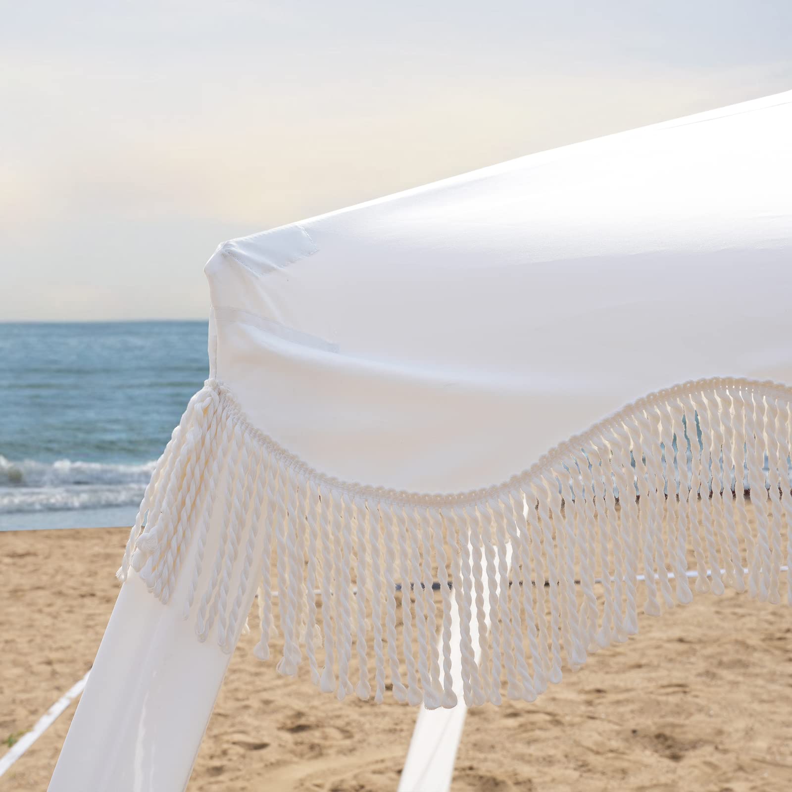 AMMSUN 6'×6' Boho Beach Cabana with Fringe & Tassels - Premium Wood Pole, Easy Setup Sun Shade Tent with Sand Pockets - Perfect for Beach, Poolside, Garden, Patio & Backyard Relaxation - Elegant White Canopy Shelter