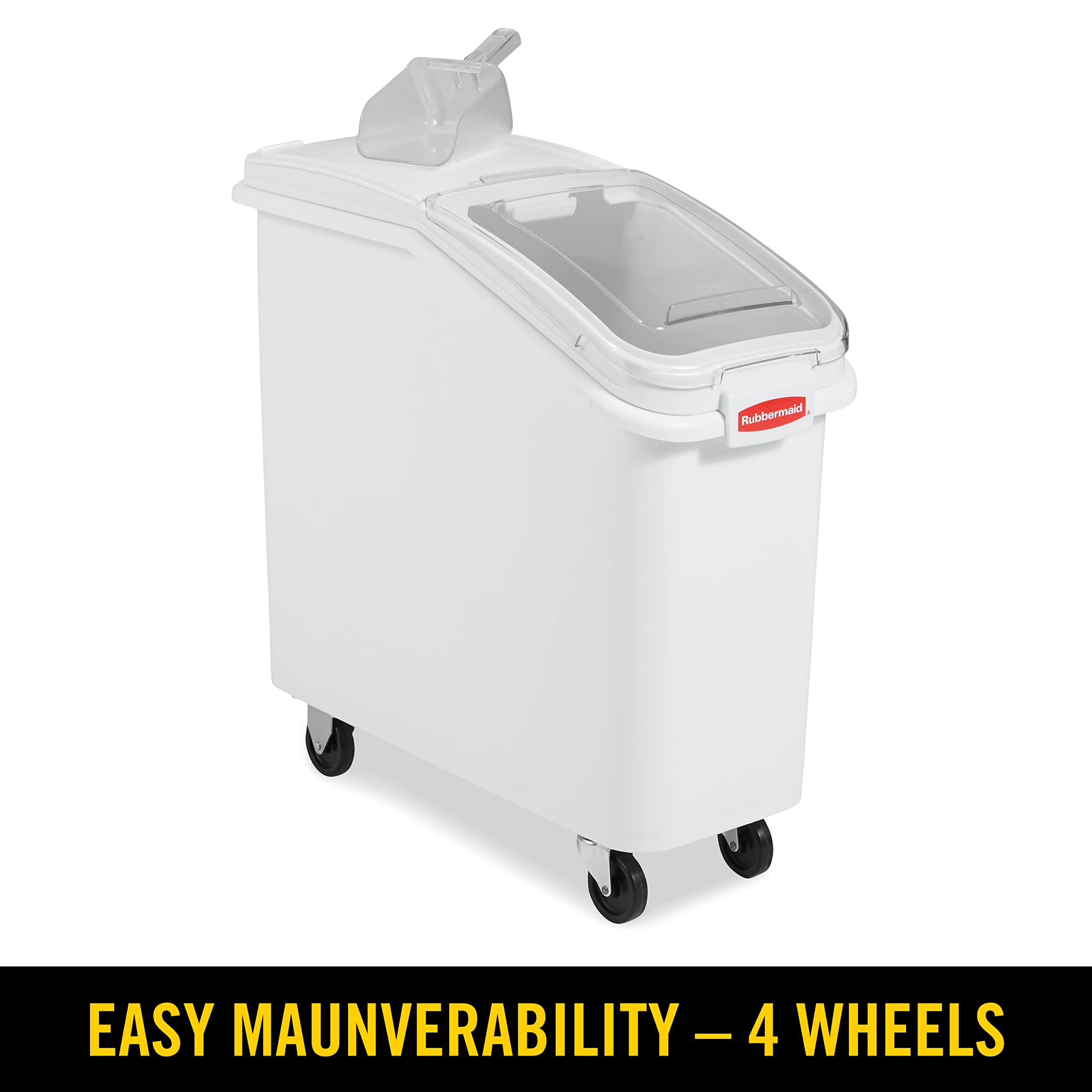 Rubbermaid Commercial 400-Cup ProSave Shelf-Storage Ingredient Bin with Scoop & Wheels - White Plastic Food Storage Container with Sliding Lid for Kitchen, Restaurant, Pantry Organization - Ideal for Bulk Ingredients, Flour, Sugar, Grains & Dry Food Storage