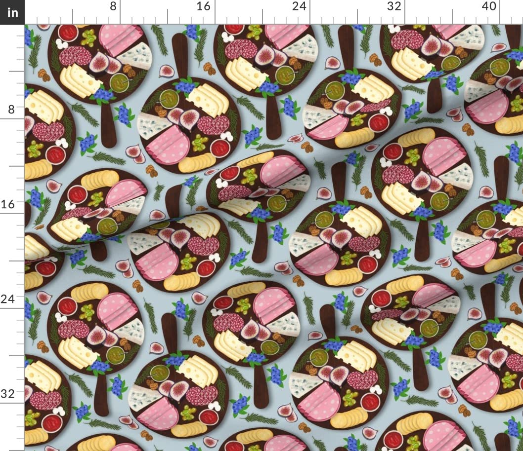 Food Platters on Blue Printed Cotton Poplin Fabric by The Yard - Premium Spoonflower Fabric for Sewing, Quilting, Dresses & Apparel Crafts - Perfect for DIY Home Decor, Table Runners, and Kitchen Accessories