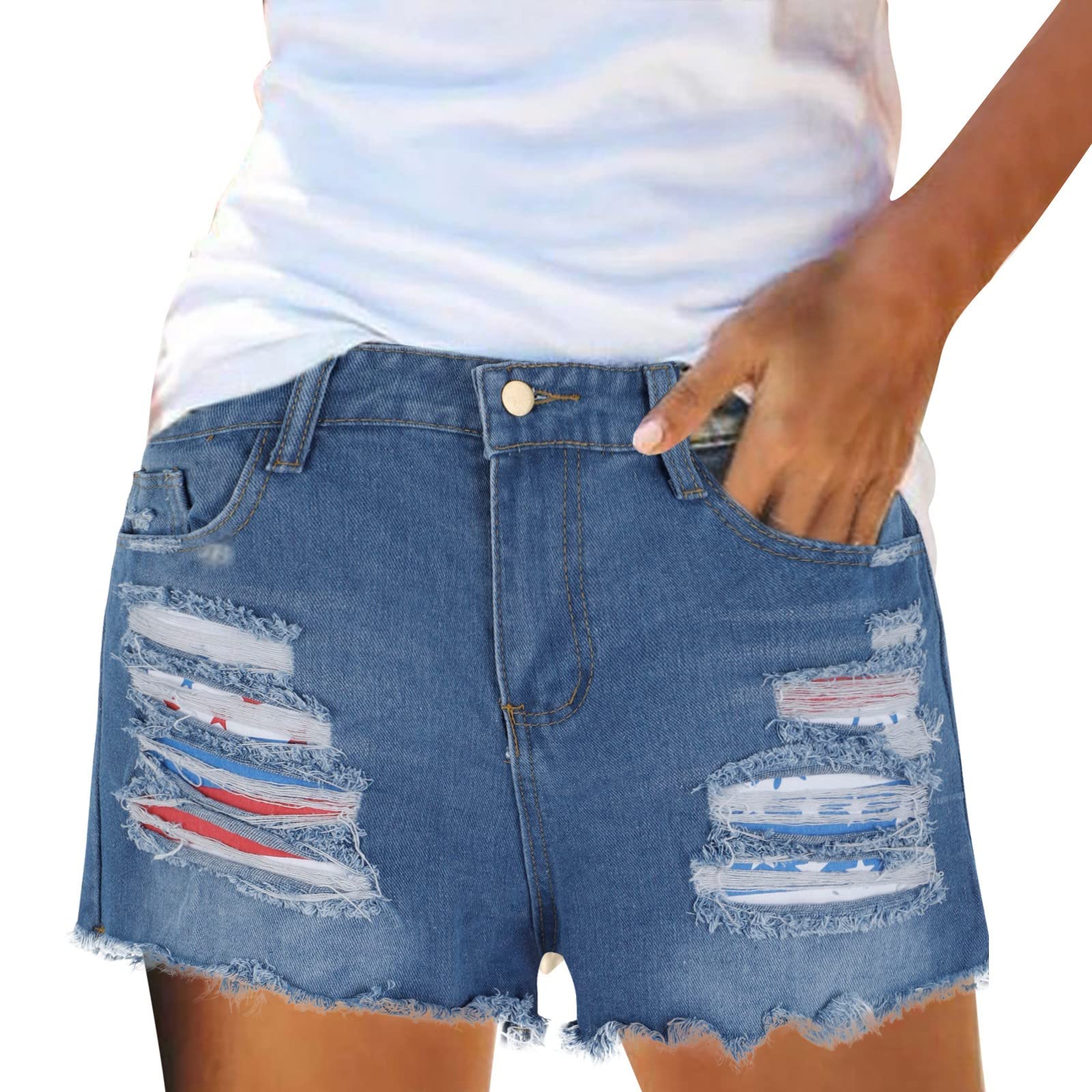 **Women's Stretch Denim Shorts - Sexy High Waist Pocket Shorts with Fashion Flag Print - Perfect for Summer, Beach, and Casual Outfits**