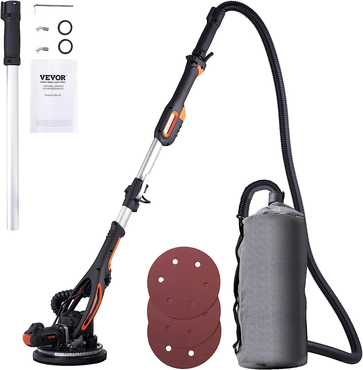 VEVOR 900W Electric Drywall Sander with 12 Sanding Discs, Variable Speed 800-1800 RPM, 3 Suction Ducts & Dust Bag - Foldable Ceiling Sander with Extendable Handle & 2 LED Lights for Wall and Ceiling Sanding - Perfect for Home Renovation, DIY Projects, and Professional Construction Work
