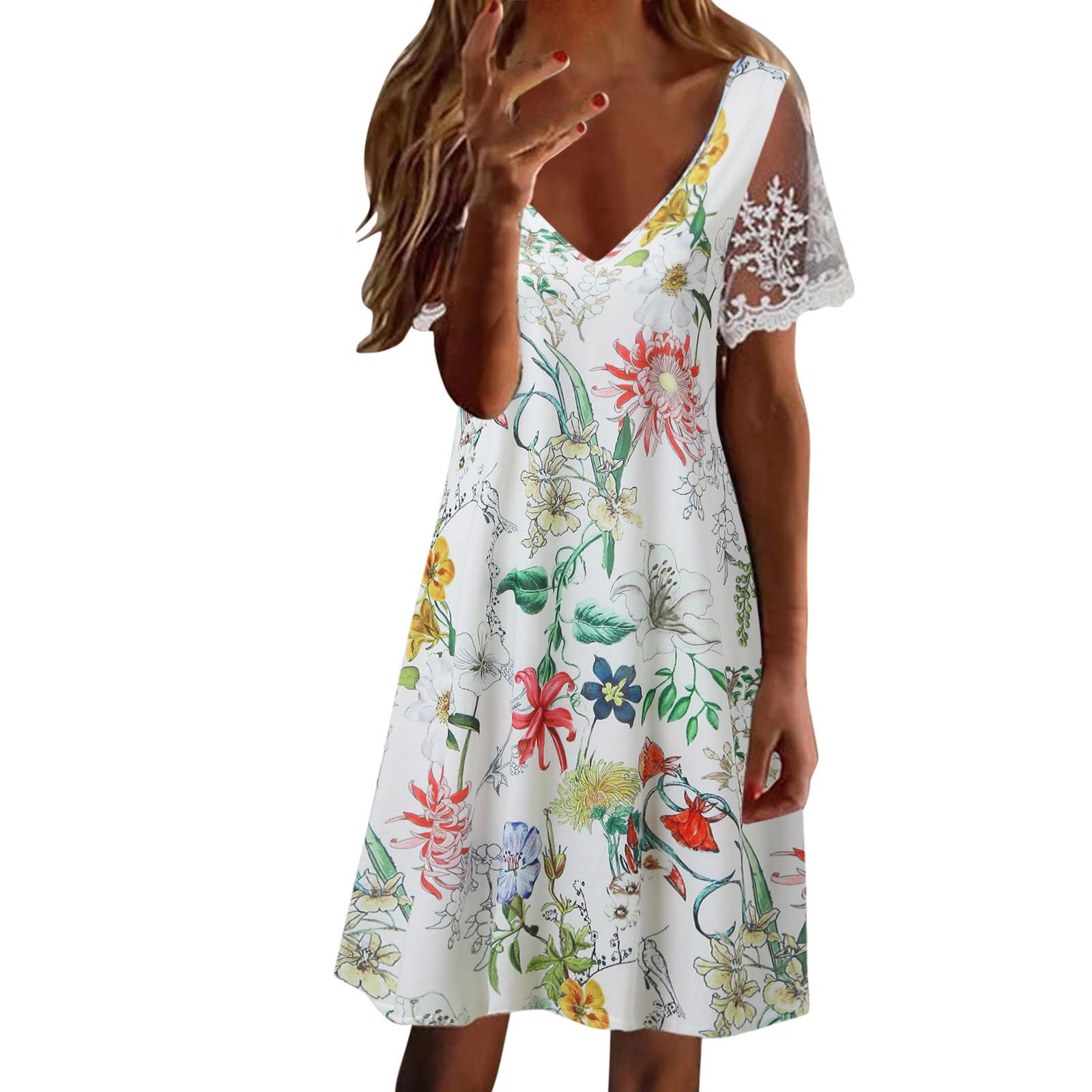 Women's Floral V-Neck Short Sleeve Summer Dress - Lace Trim Casual Sundress for Beach, Vacation & Outdoor Activities