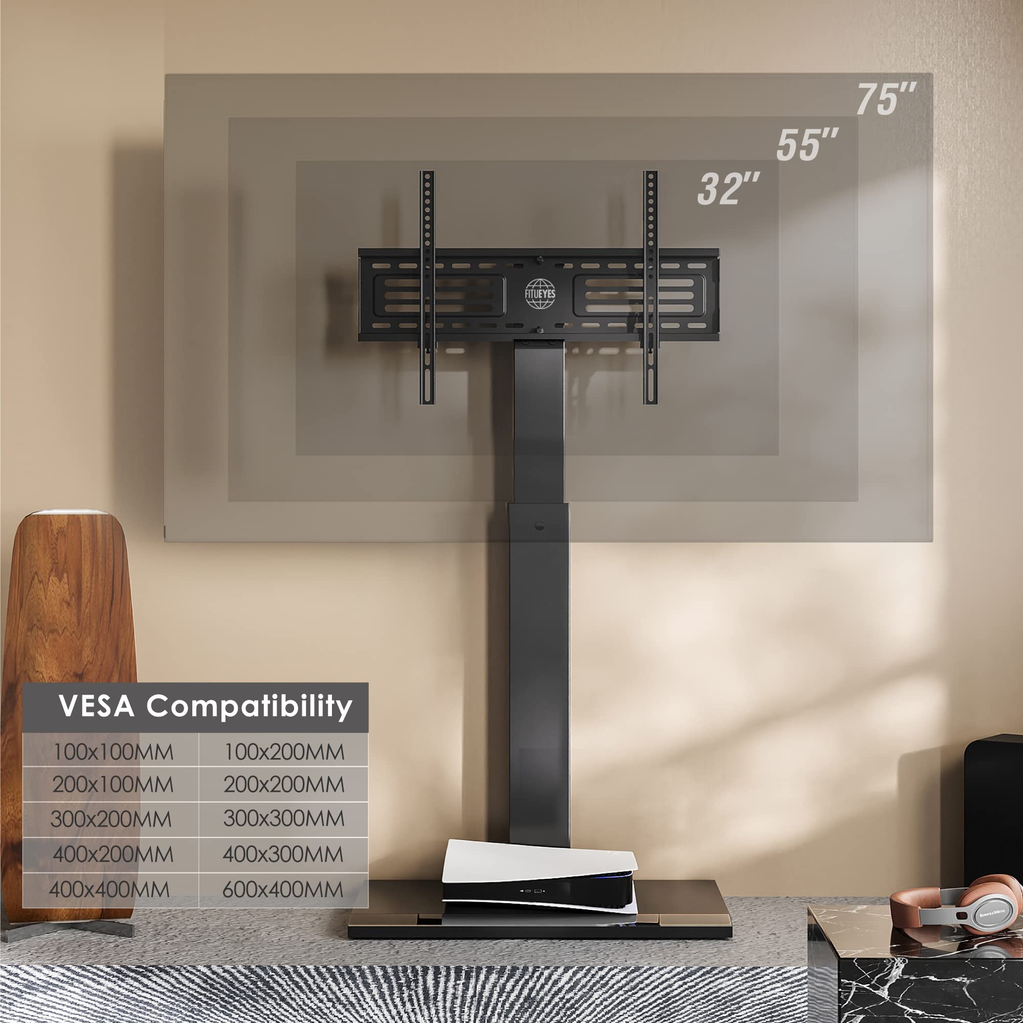 FITUEYES Universal TV Stand for 32-75 Inch TVs - Swivel Mount, Height Adjustable, Space Saving Floor TV Stand with Wire Management - Compatible with LED, LCD, OLED, Plasma Flat & Curved Screens (Black) - Perfect for Living Room, Bedroom, or Home Theater Setup